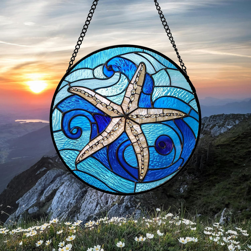 Stained Glass Window Hanging 4 Pcs Set Blue Ocean Waves Large 15" - Starfish Crab Seal Suncatcher Door Garden Sun Catcher Decor Birthday for Mom Woman Nana Men Friend