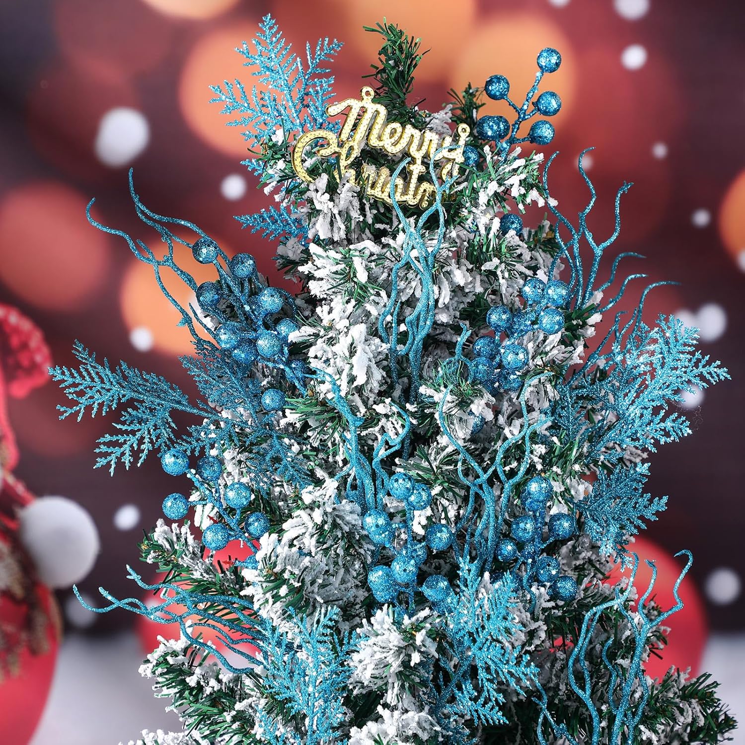 75 Pcs Christmas Glitter Branches 3 Styles Artificial Christmas Picks Berries Stems Pine Needles Floral Twig Spray for Xmas Tree Ornaments DIY Wreath Garland(Light Blue)