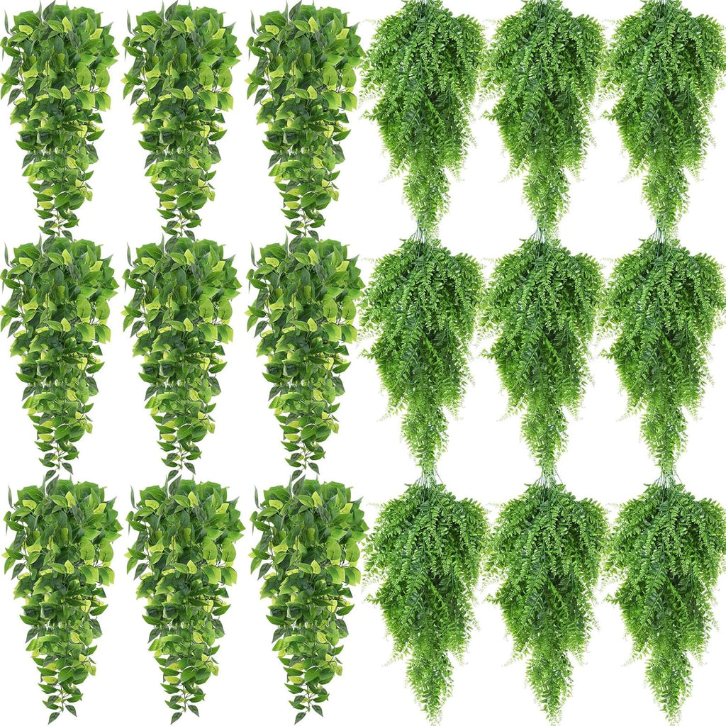 Hoteam 18 Pcs Artificial Hanging Plants 32 Inch Fake Ivy Vines with Fake Leaves Patio Artificial Plants Greenery for Living Room Indoor Outdoor Wall, No Basket (Pothos,Persian Grass)