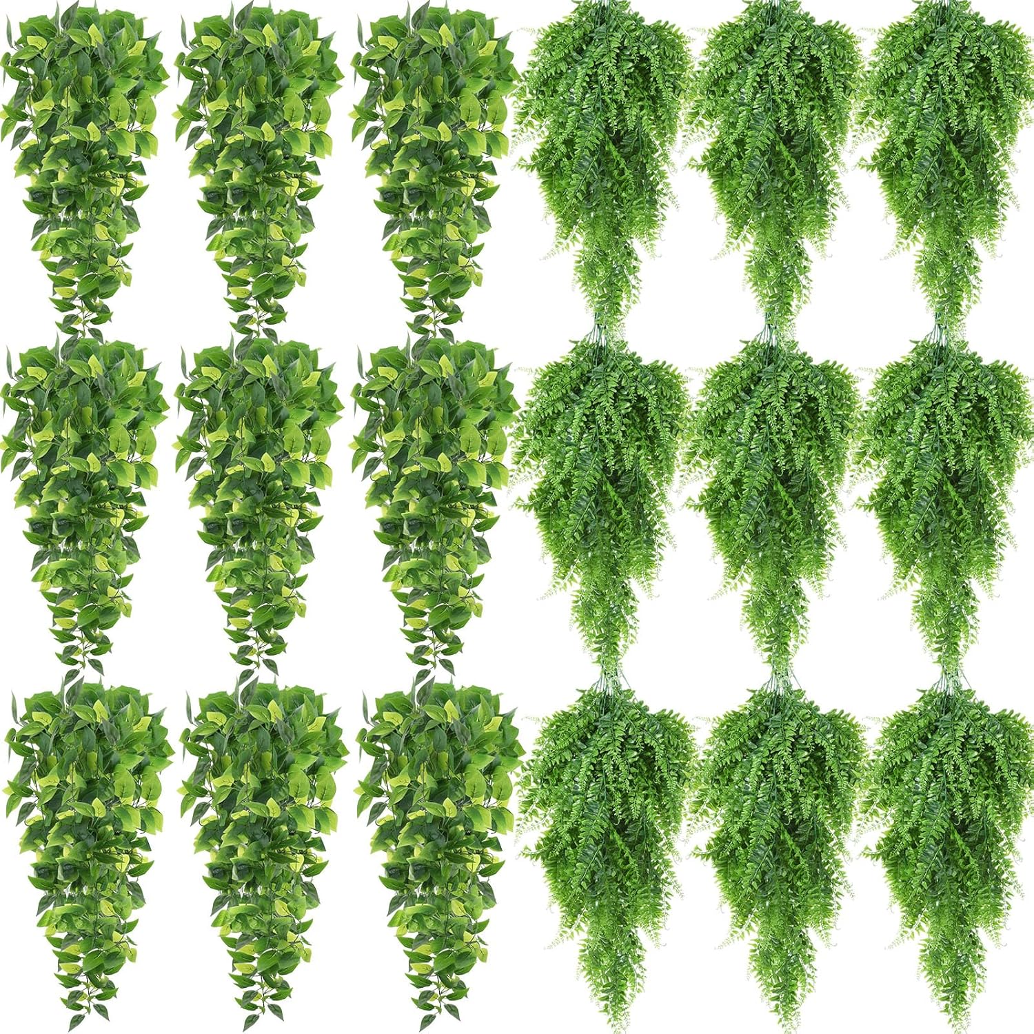 Hoteam 18 Pcs Artificial Hanging Plants 32 Inch Fake Ivy Vines with Fake Leaves Patio Artificial Plants Greenery for Living Room Indoor Outdoor Wall, No Basket (Pothos,Persian Grass)