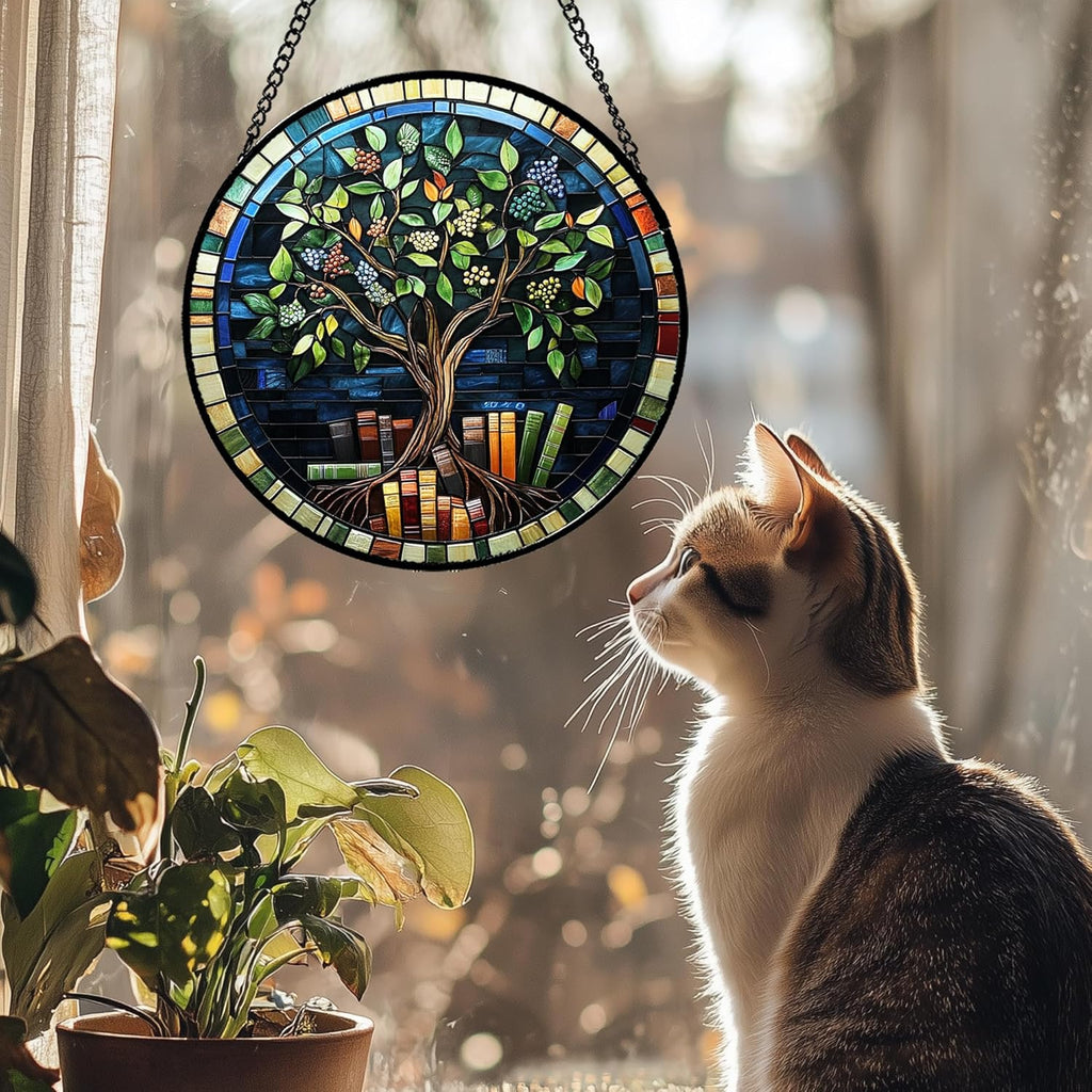Stained Glass Window Hanging Green Life Tree Berry Book Large 11.8" - Blue Suncatcher Door Garden Sun Catcher Home Decor Birthday Christmas for Mom Men Woman Nana Friend