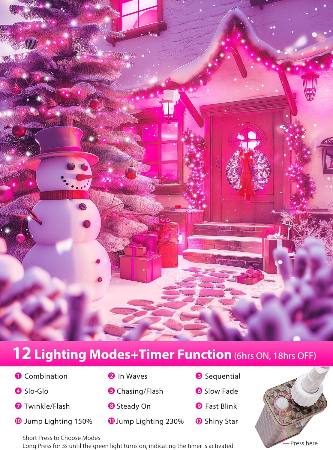 Minetom Pink White Christmas String Lights, 25Ft 500 LED Outdoor Cluster String Lights, Waterproof LED Twinkle Light for Bedroom Patio Tapestry Backyard Garden Party Indoor, White Wire