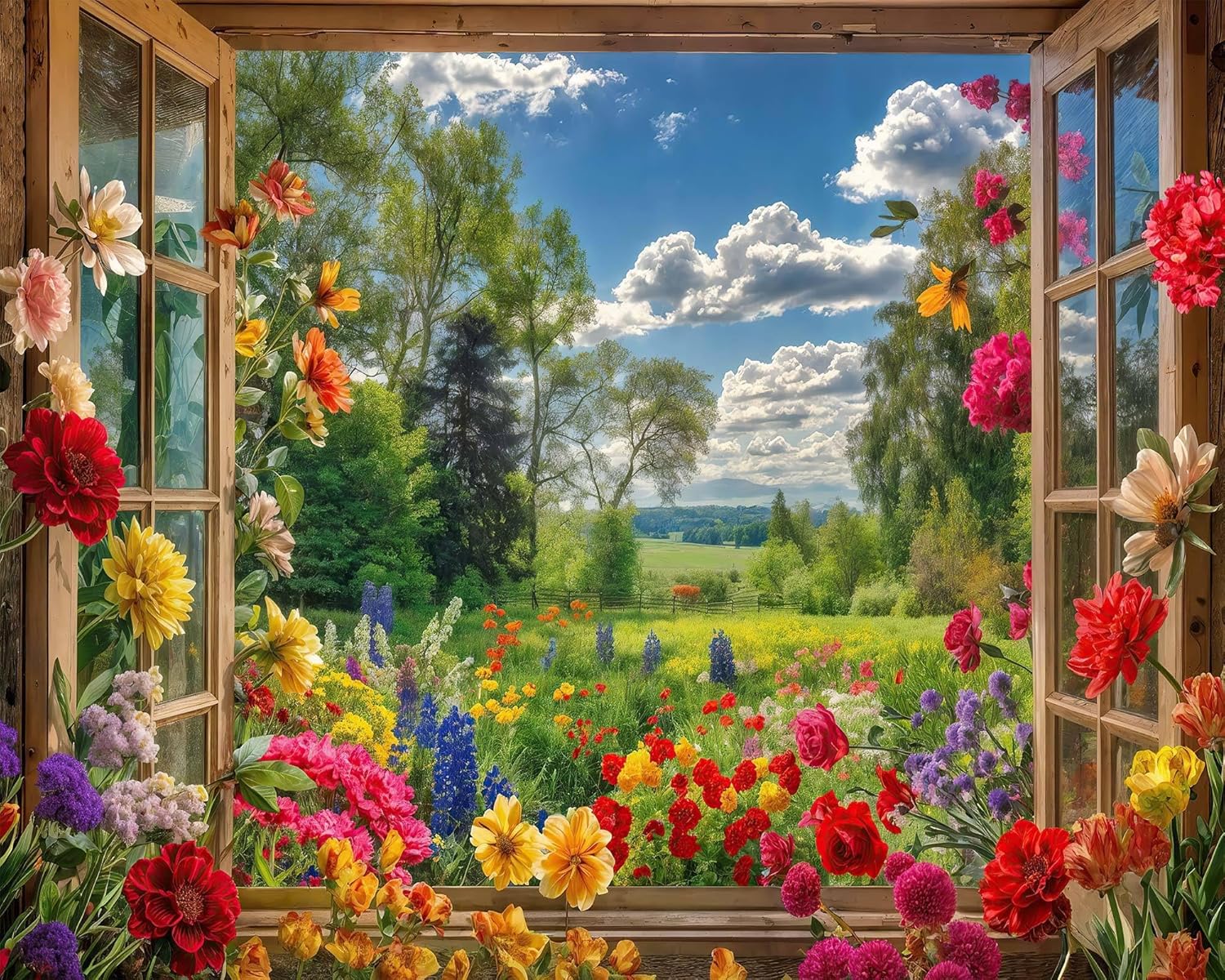 8 x 6 ft Spring Garden Window Floral Backdrop for Photography Floral Nature Summer Landscape Photo Background Blooming Flowers for Portrait Photoshoot Wedding Baby Shower Birthday Party Studio Decor