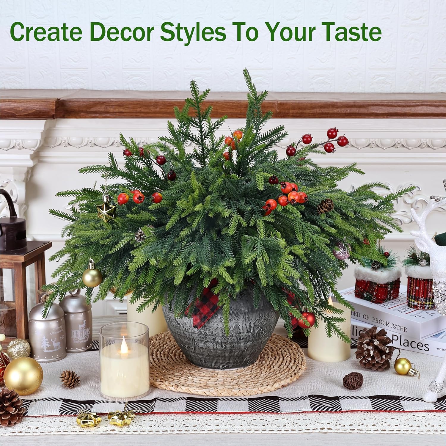 50 Pcs Christmas Greenery Pines Branch Pine Branches Artificial Green Pine Stem - Real Touch for Vase DIY Crafts Flower Arrangement Home Indoor Christmas Decor(18 Inch)