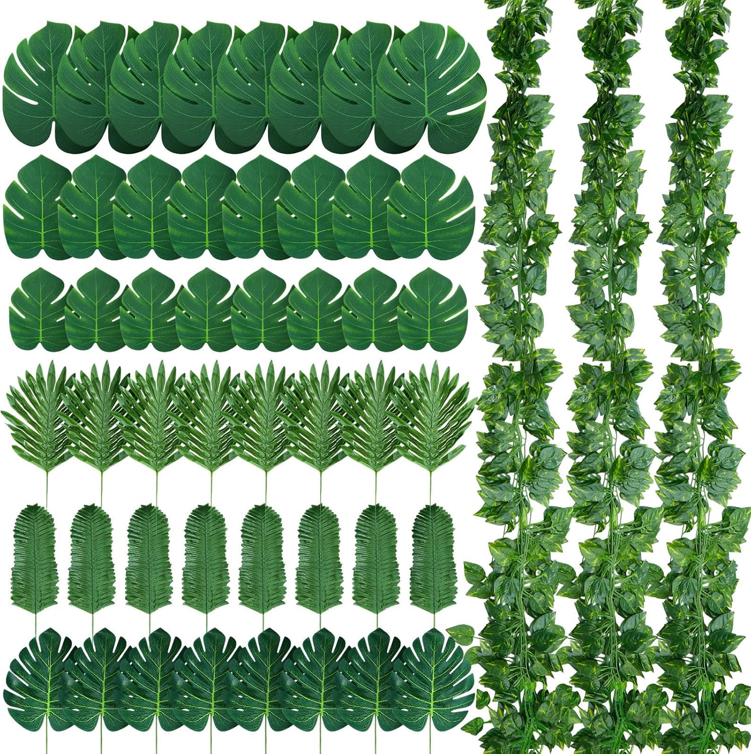 XunYee 60 Pcs Artificial Vines Greenery Garland and Monstera Palm Leaves Decoration Set, Fake Ivy Vines Tropical Faux Leaves Bulk for Jungle Safari Baby Shower Plant Party Decoration
