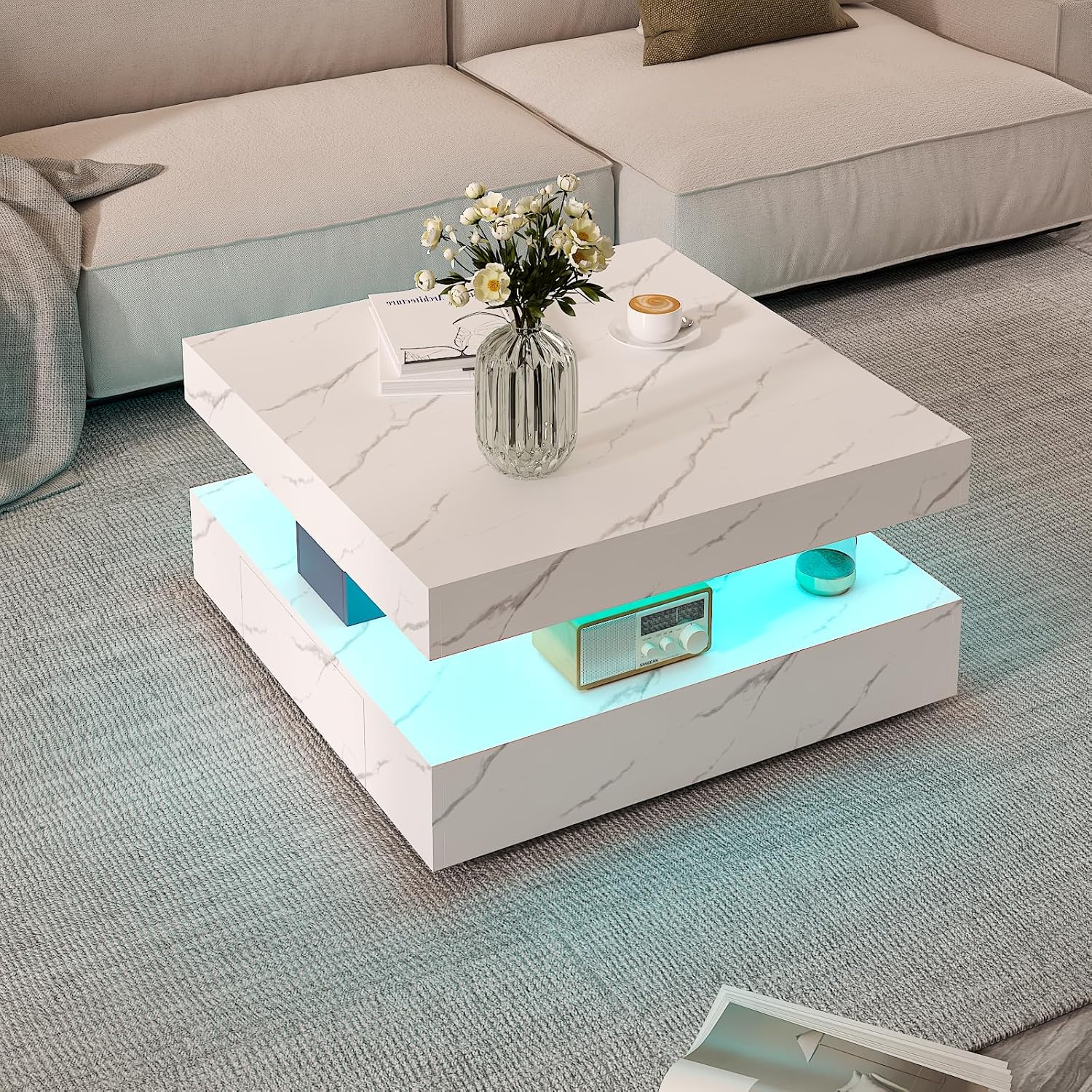 White Marble LED Coffee Table with 2 Storage Drawers for Living Room Square Center Middle Table Modern Cocktail Table with Light 2-Tier Tea Tables Contemporary Mid Century Wood Home Office
