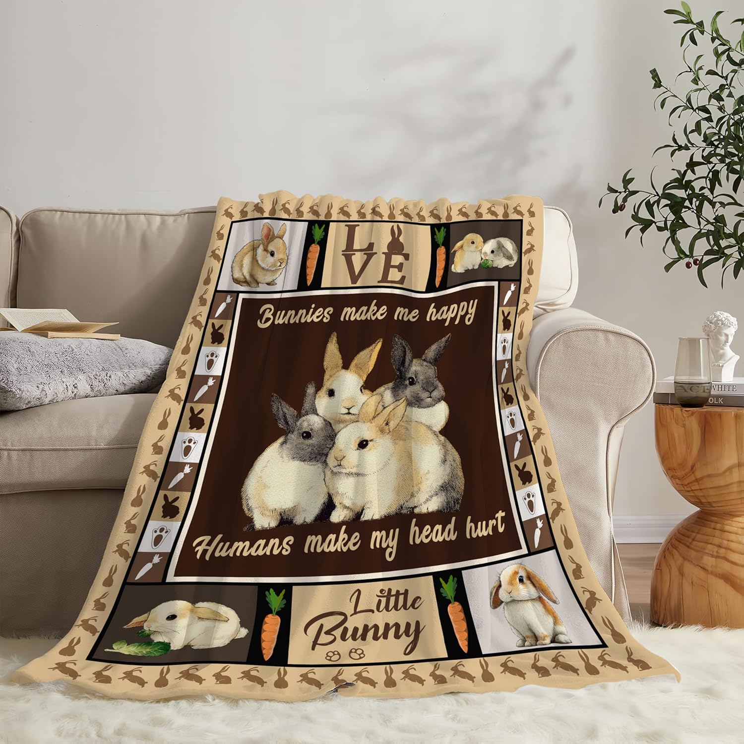 Bunny Throw Blanket Rabbit Bunny Stuff Gifts for Kids Girls Boys Adults Women Men Soft Cozy Warm Plush Fluffy Fuzzy Fleece Blanket 60''X80''