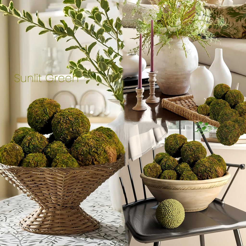 18-Piece Moss Balls Set - 6 Large 3.2" & 12 Small 2" Artificial Moss Decor for Bowls, Vases | Handmade Natural-Look Decorative Filler Balls for Home Centerpieces, Tabletop Decor (Sunlit Green)