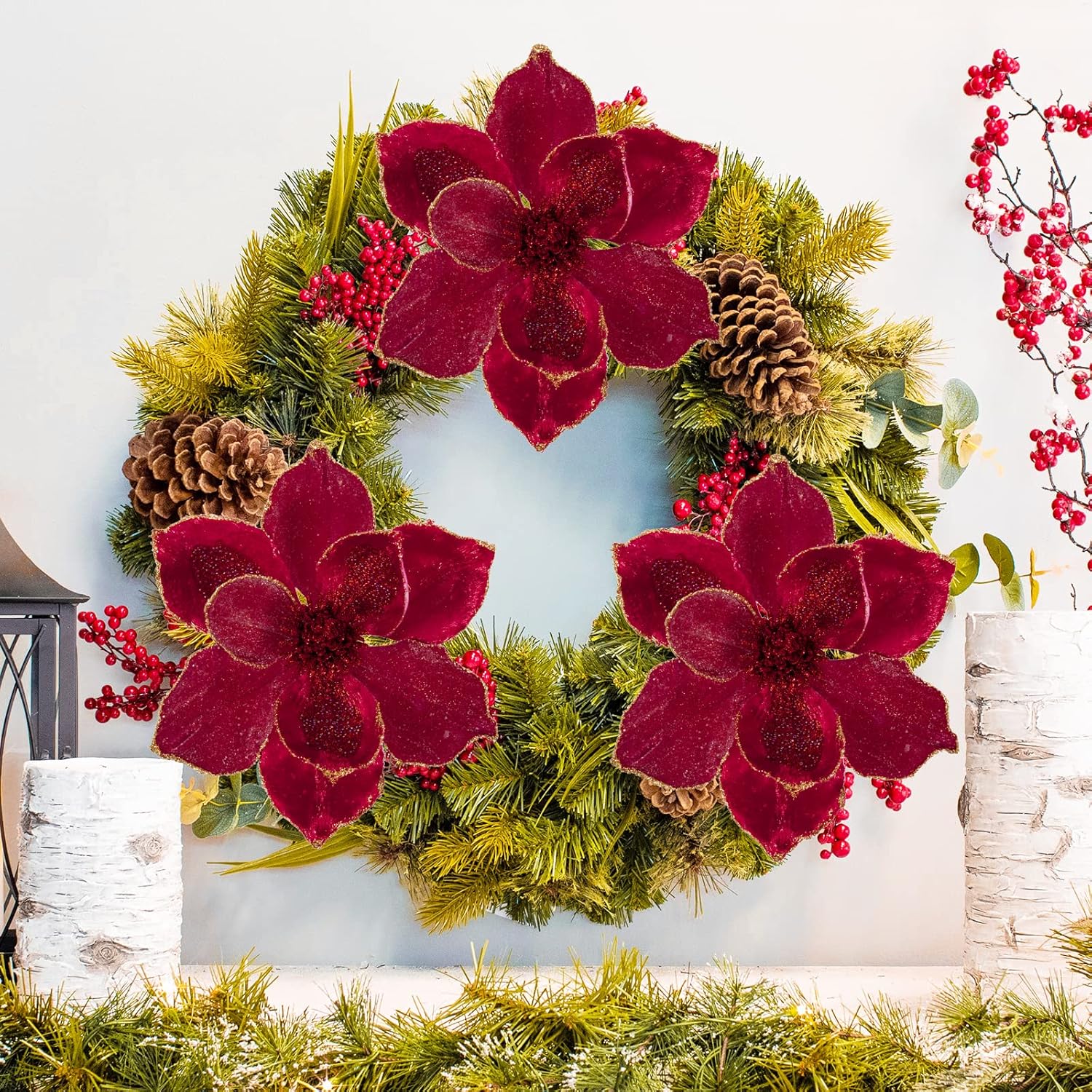 Briful 10’’ Large Heads Christmas Glitter Magnolia Flowers Christmas Tree Ornaments Set of 3 Giant Artificial Flowers with Long Stems for Xmas Tree Holiday Decorations, Red