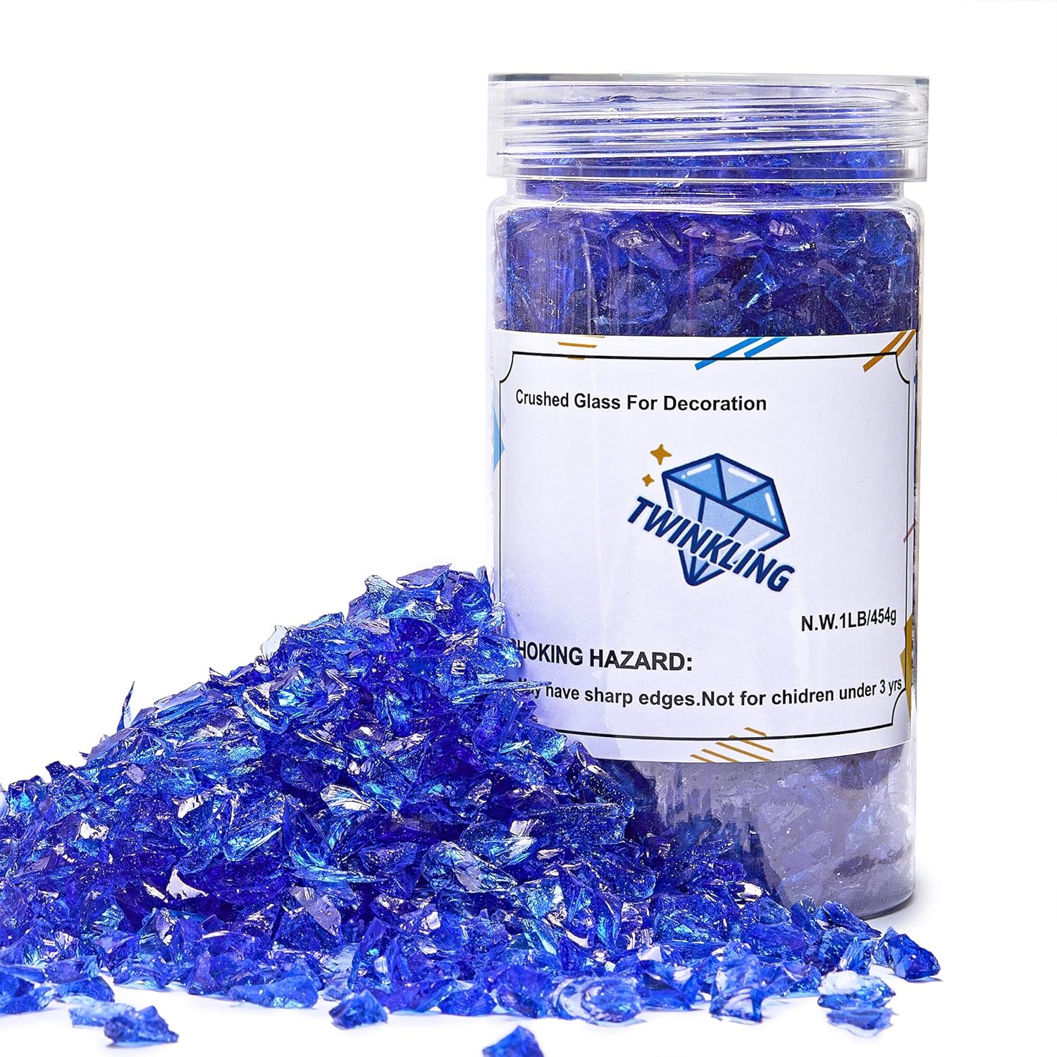 TWINKLING High Luster Fire Glass Gravel Stone Glitter,Broken Glass,Fire Gems Chips,Crushed Glass for Fire Pit Crafts Resin Art Aquarium Garden Decoration,3-6mm,1-Pound Jar (Cobalt Blue)