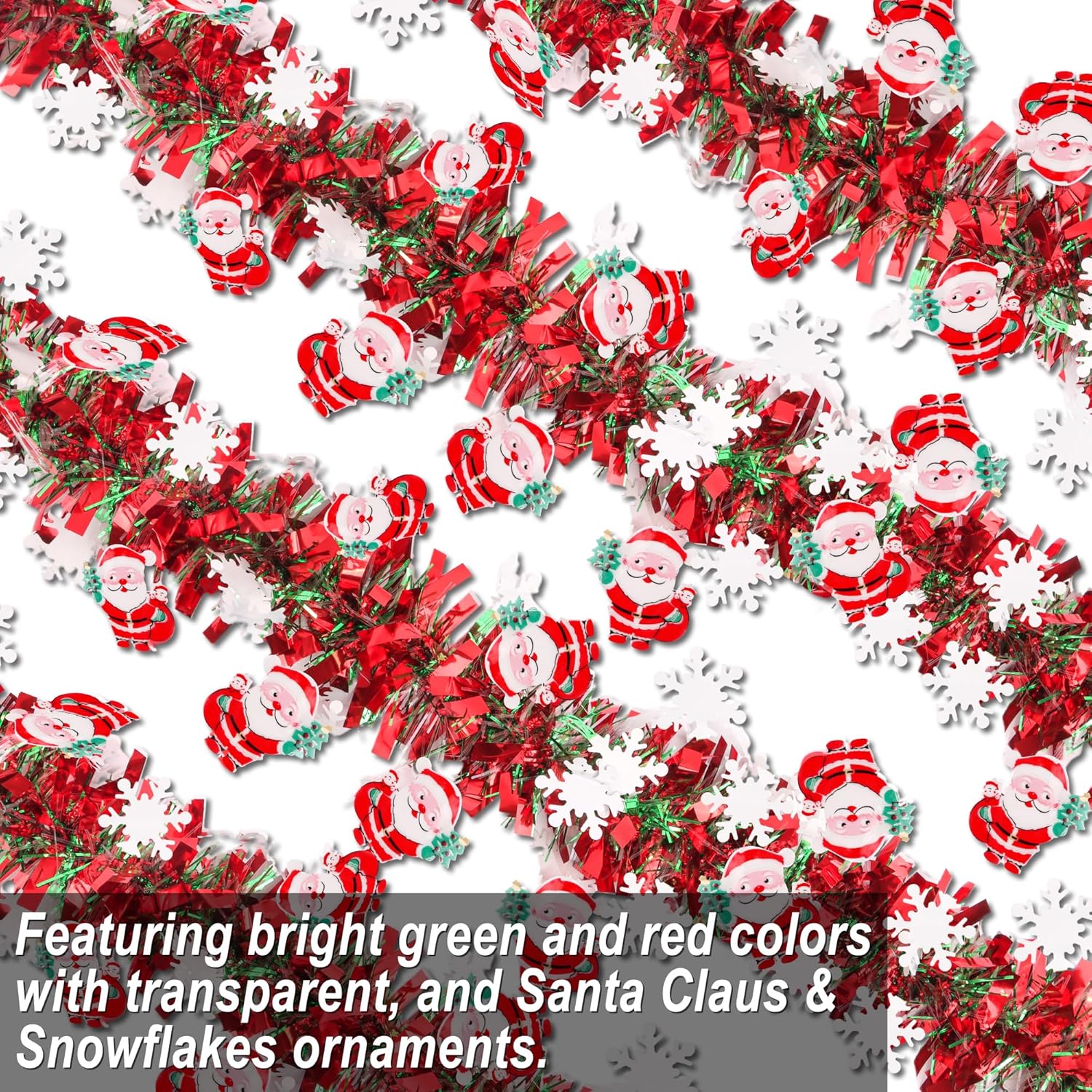 50 FT Christmas Tinsel Garland Christmas Decorations with Santa Claus & Snowflake Red Green Shiny Metallic Twist Christmas Garland for Xmas Tree Home Mantle Stairs Indoor Outdoor Holiday Party Decor