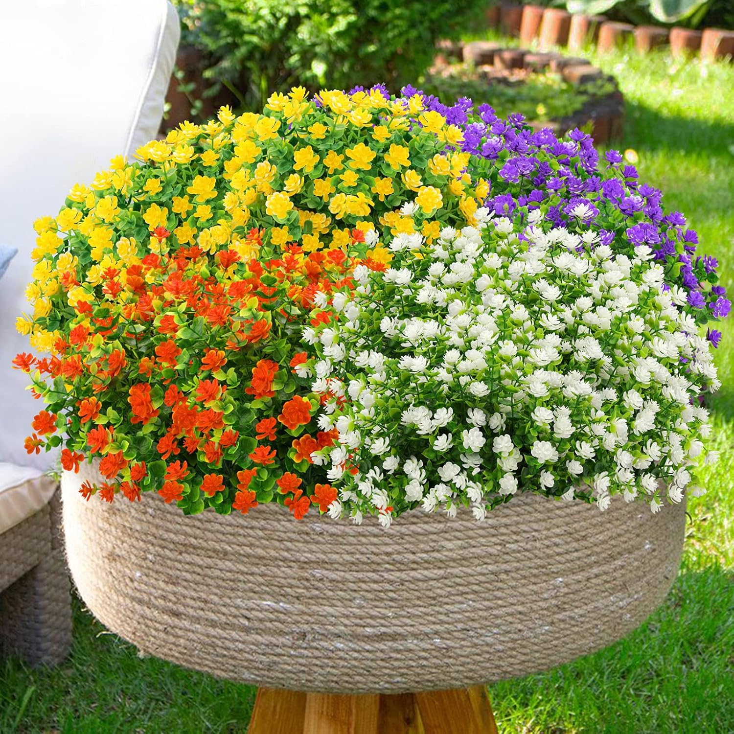 GREENRAIN Artificial Flowers Outdoor Fake Flowers for Decoration UV Resistant No Fade Faux Plastic Plants Garden Porch Window Box Décor (18 Bundles, 4#White)