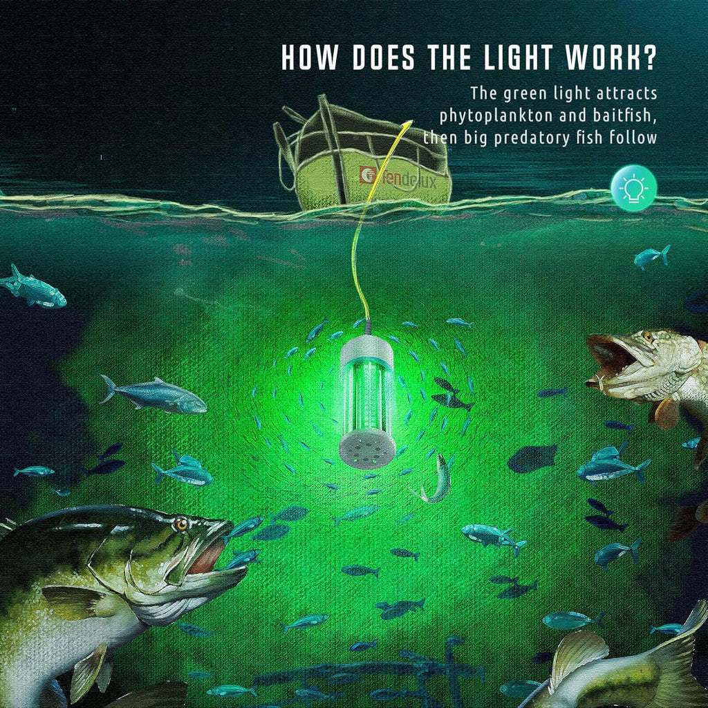 Underwater Fishing Light, 110V & 12V Super Bright Green LED Submersible Light Attractants for Docks, Boats or Kayaks, IP68 Rated for Fresh & Salt Water (30ft Cable)