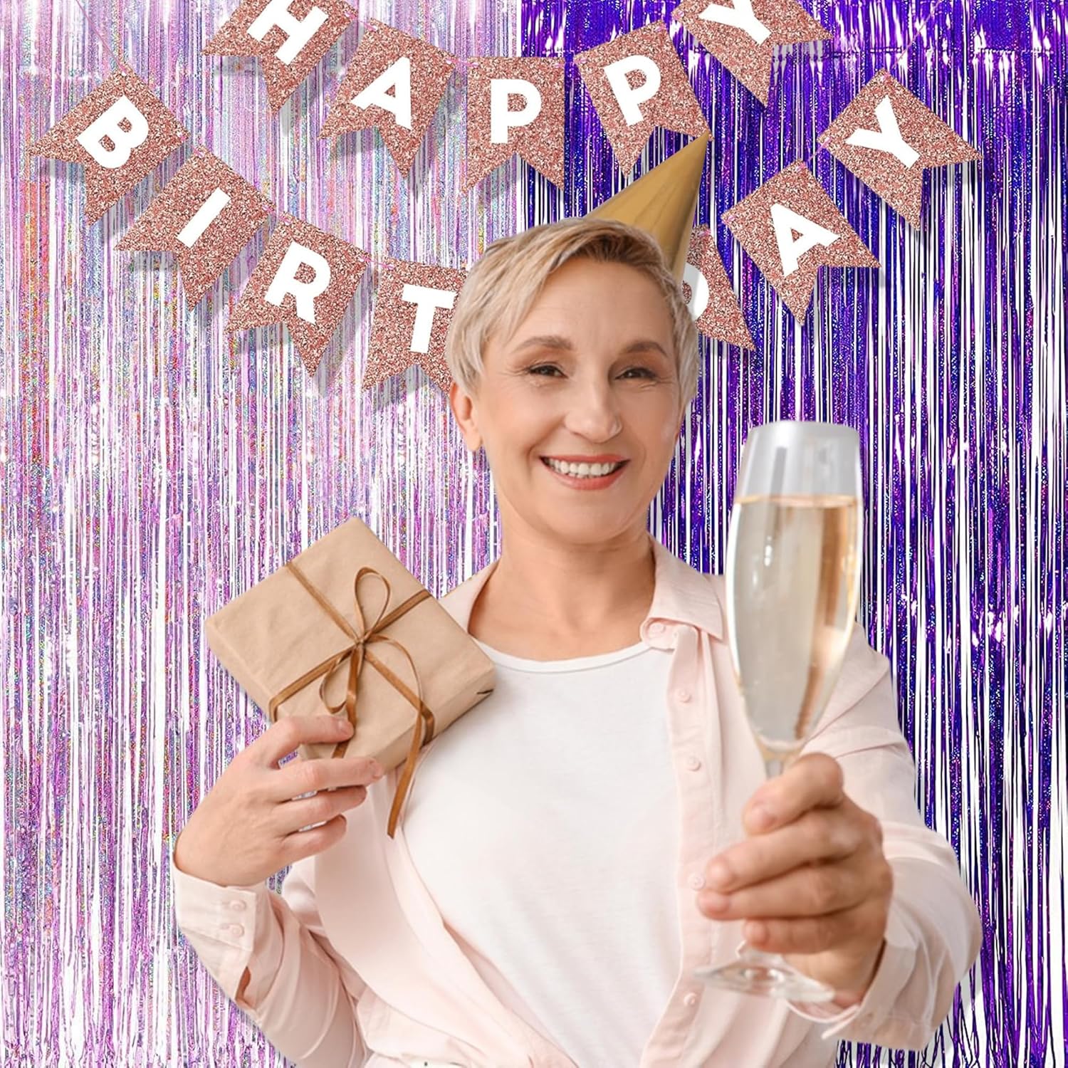 BRAVESHINE 1 Purple 1 Pink Streamers Party Backdrop - 3.2 ft x 8.2 ft Metallic Tinsel Foil Fringe Curtains for Hunters/Christmas/Girl/Women/Birthdays/Engagement/Bridal Shower/Bachelorette Decorations