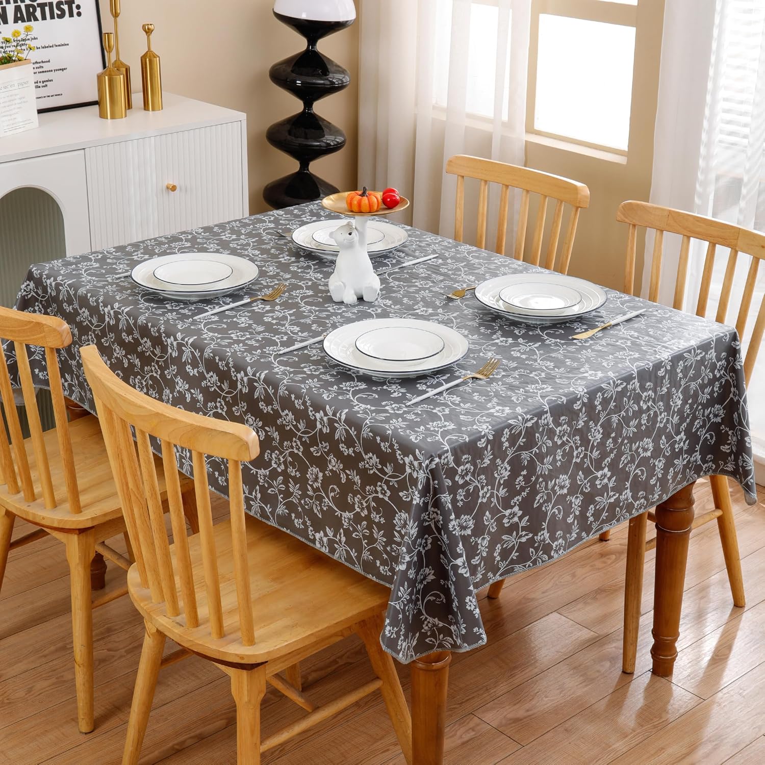 Heavy Duty Vinyl Tablecloth with Flannel Backing Waterproof Oil-Proof Plastic Table Cloth Stain-Resistant Wipeable Rectangle or Square Table Cover for Indoor and Outdoor (Grey Floral,60x84 Inch)