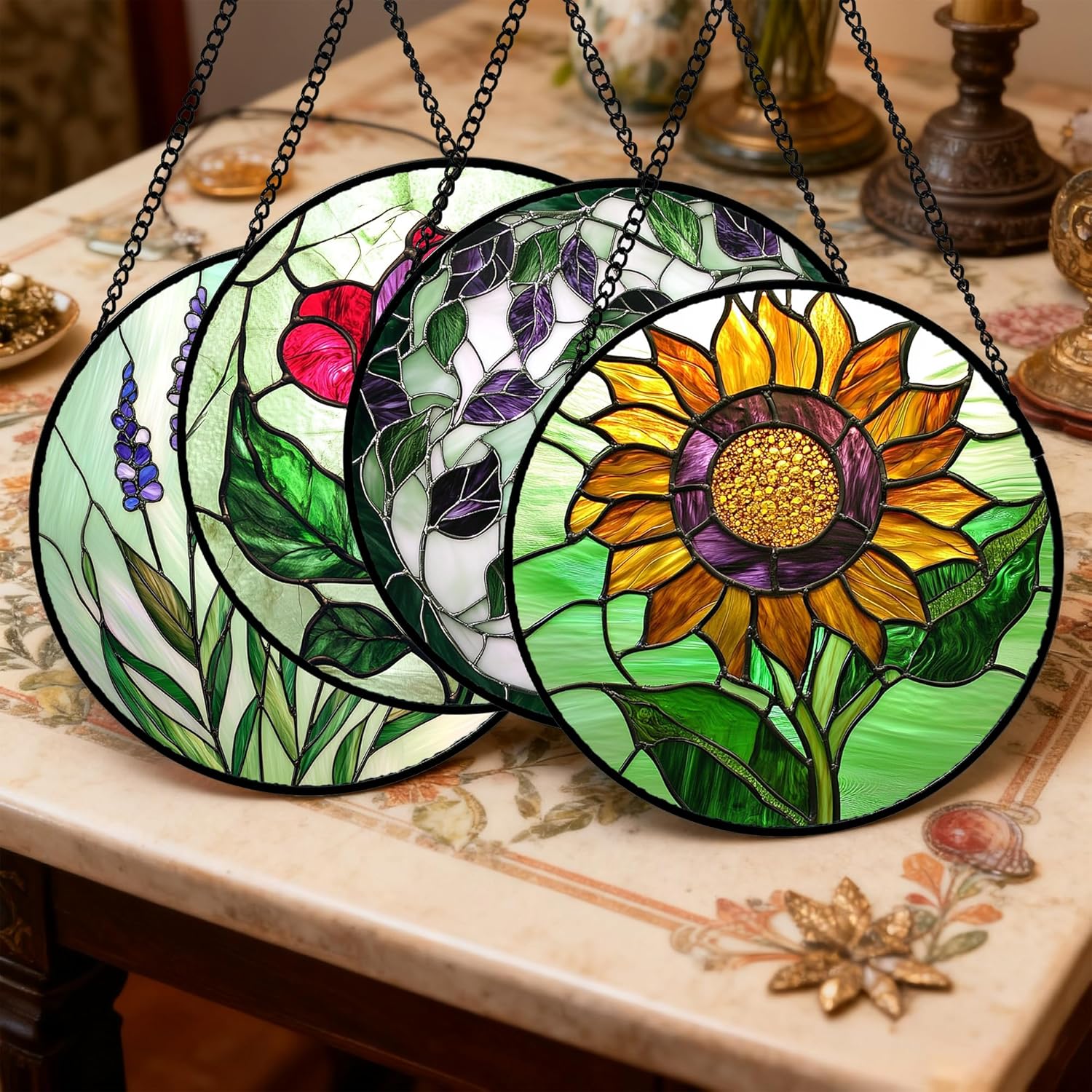 Stained Glass Window Hanging 4 Pcs Set Red Roses Yellow Sunflowers Large 15" - Flower Suncatcher Door Garden Sun Catcher Decor Birthday Mother's Day for Mom Woman Nana Girl