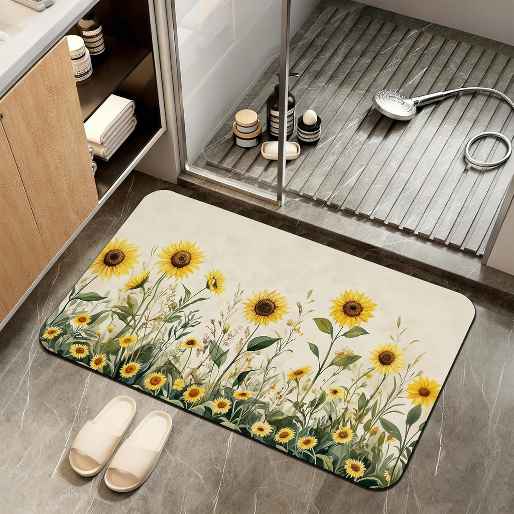 Yellow Floral Bath Mat,Sunflower Daisy Diatomaceous Earth Bath Mat,Rubber Backing Quick Dry Absorbent Washable Bathroom Rugs for Tub Non Slip 17"x29.5"