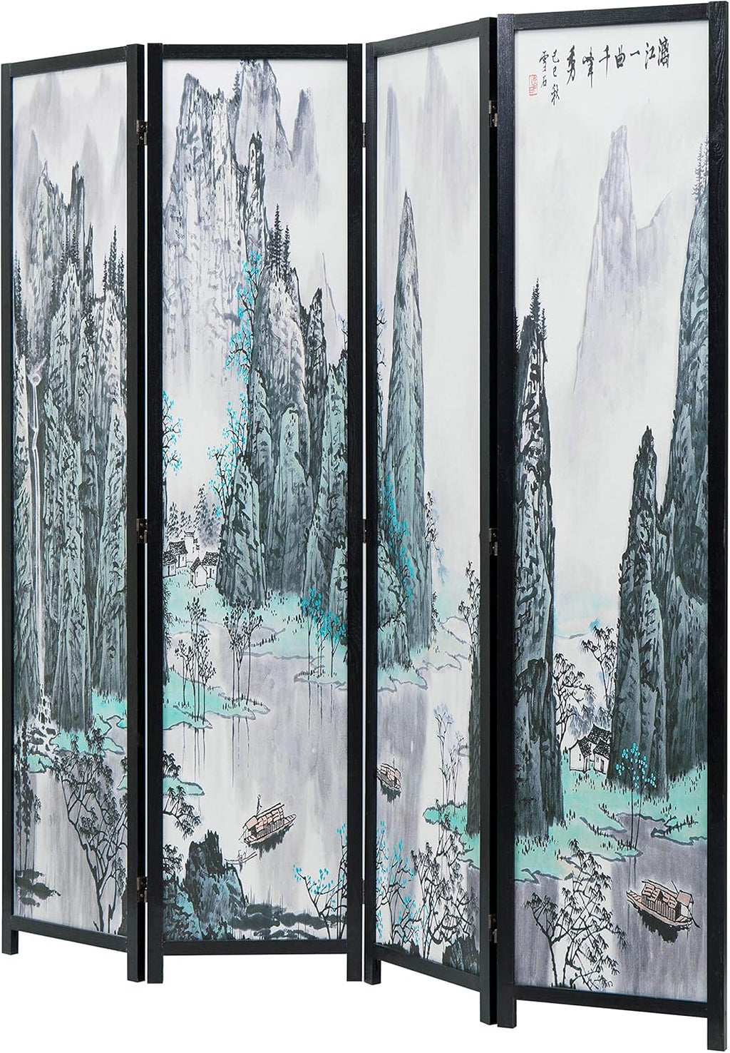 MyGift 4-Panel 6FT Folding Room Divider Asian Watercolor Oriental Landscape and Chinese Calligraphy Design with Freestanding Room Partitioner Screen with Black Wood Frame 63''W x 69''H