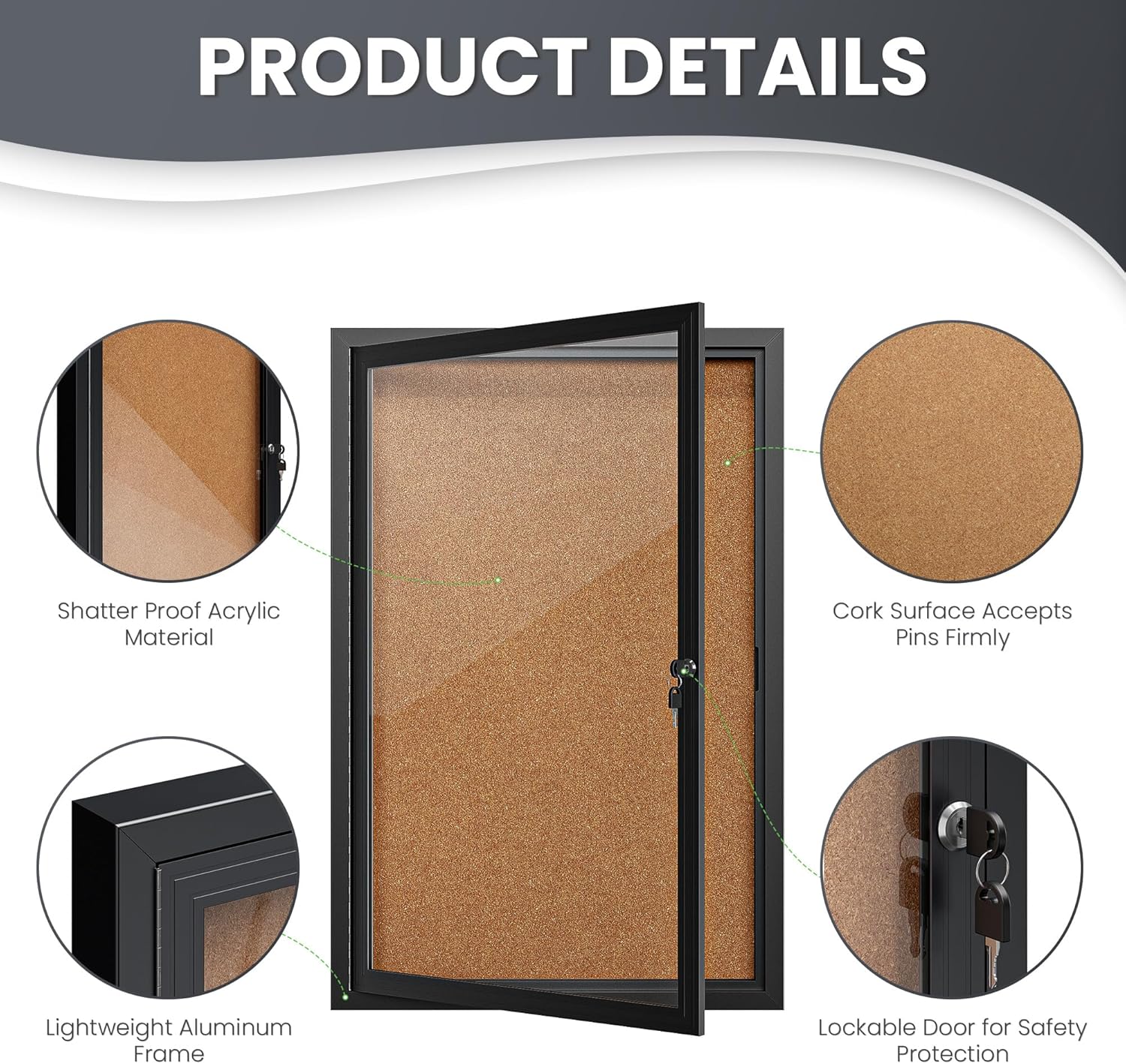 36"x24" Lockable Enclosed Bulletin Board, Outdoor Cork Weather-Resistant Aluminum Frame Notice Board, Wall Mounted Display Case Acrylic Doors for School,Office,Black Frame w/Cork