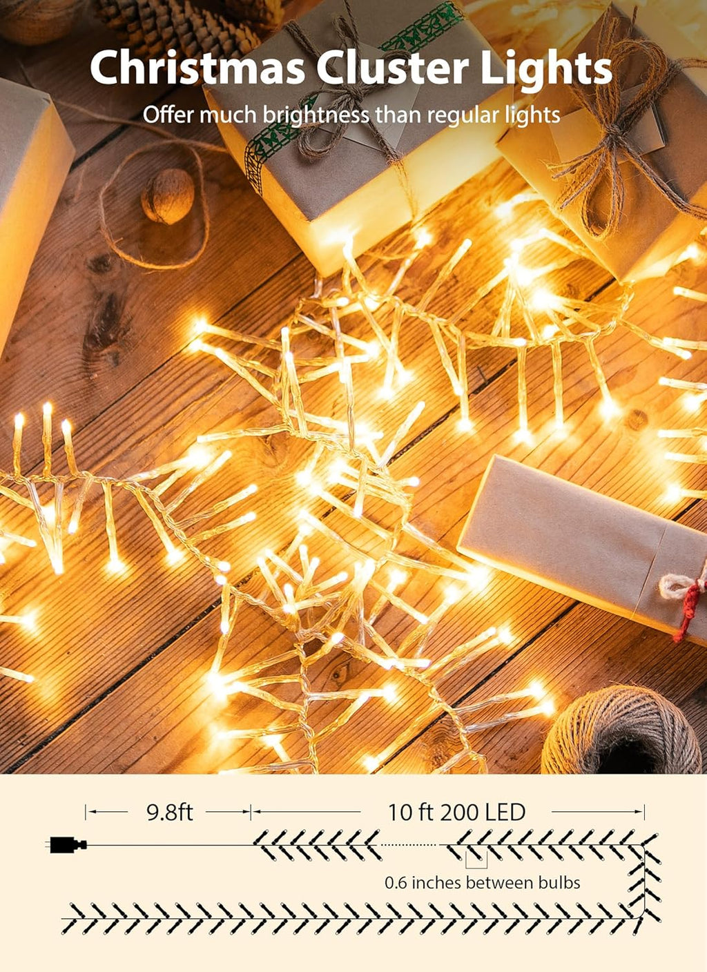 Minetom Christmas Tree Lights Outdoor - 200 LED 10 Ft Firecrackers String, 12 Modes Timer Waterproof Connectable Plug-in Twinkle Fairy Lights for Xmas Tree Garland Party