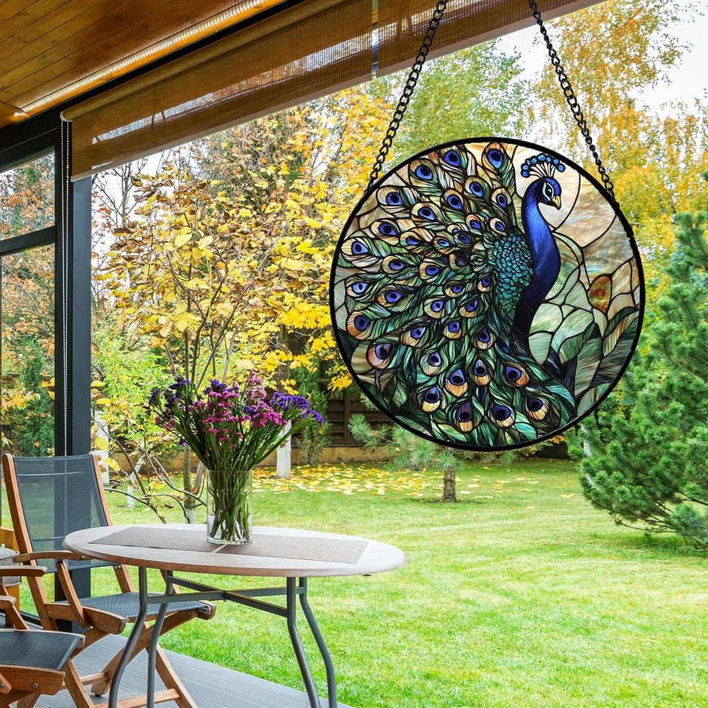 Stained Glass Window Hanging, Turquoise Peacock Sun Catcher for Door Home Decor Blue Green Suncatcher Christmas Mother's Day Birthday Gifts for Women Men Mom and Nana 7.8 in