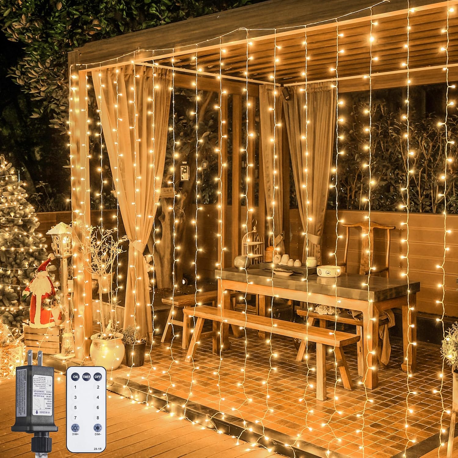 JMEXSUSS 900 LED Outdoor Christmas Curtain Lights, 9.5x29.5ft Christmas Lights Plug in with Remote, Twinkle Hanging String Light for Bedroom Wall Wedding Backdrop Window Gazebo Decor, Warm White