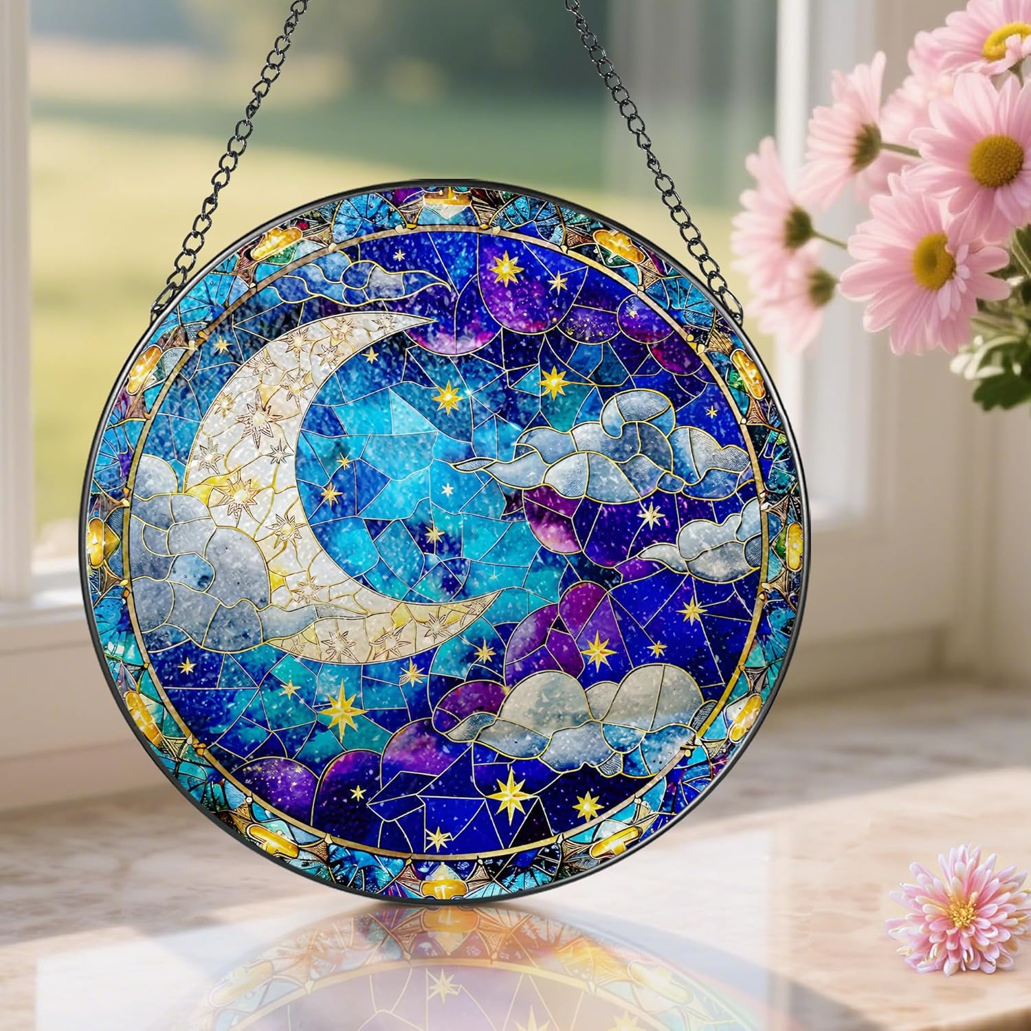 8-Inch Moon and Star Stained Glass Ornament, Stained Glass Window Hanging, Window Hanging Decor Suncatcher, Night Sky Ornament | Holiday, Mother’s Day, Housewarming | Gifts for Friend & Family