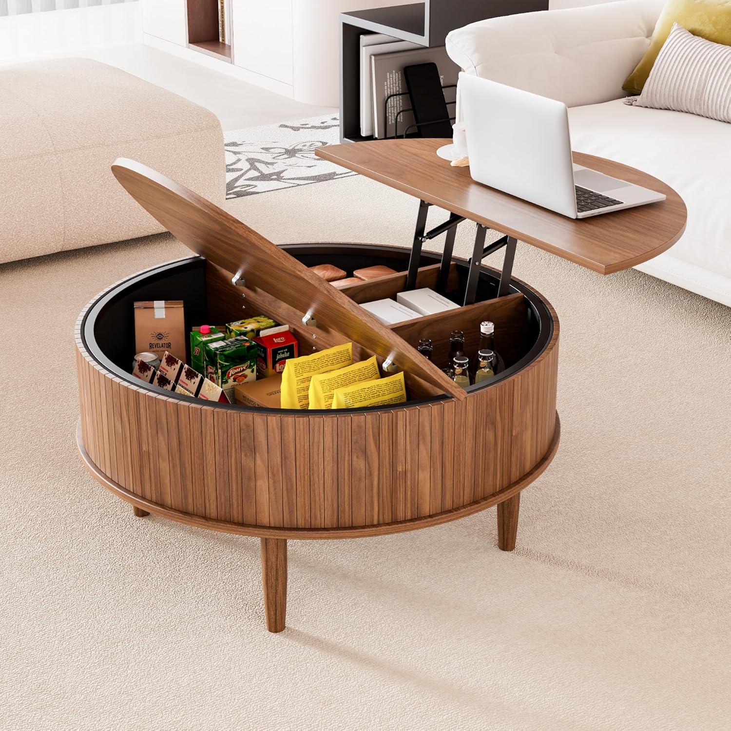 Round Fluted Lift Top Coffee Table with Storage, Mid Century Modern Coffee Table for Living Room, Home Small Space,31.5" Fluted Center Table (Walnut, 31.5inch)