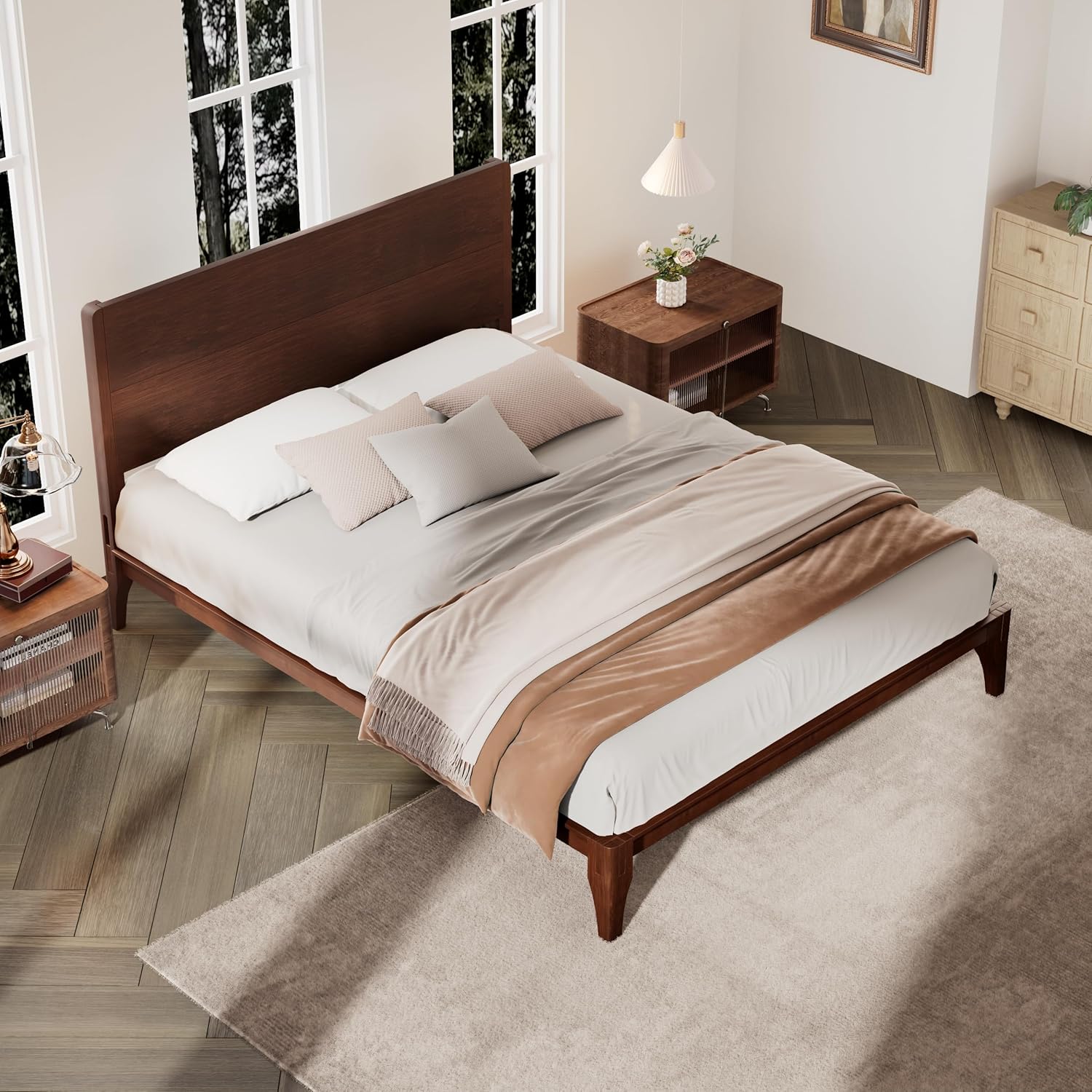 Merax Bamboo Wood King Size Bed Frame and Headboard, Mid Century King Platform Bed with Wood Slat, Heavy Duty Steel Center Beam for Support, Under Bed Storage, No Box Spring Needed, Chocolate