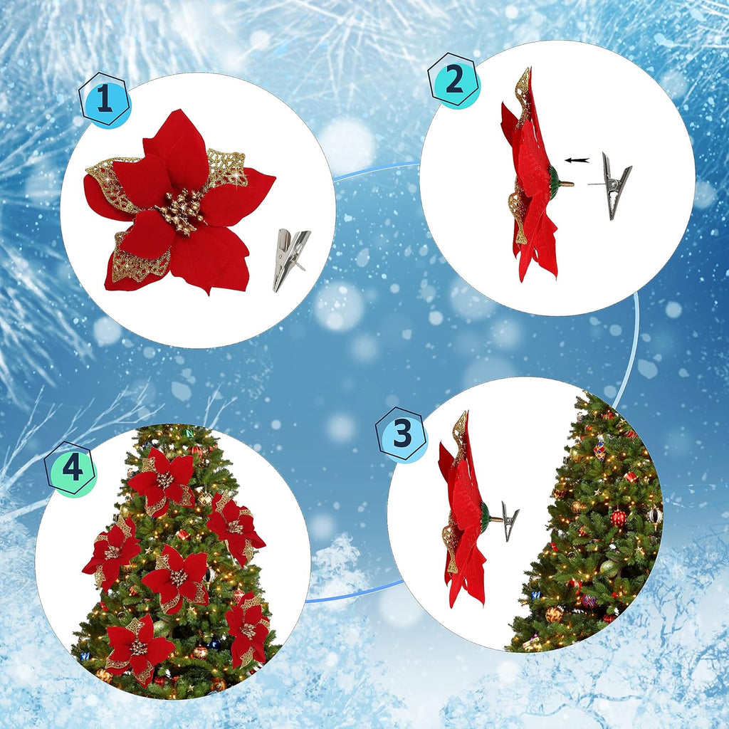 12 PCS Poinsettia Flower Artificial Poinsettia Christmas Decoration 5.9'' Red Glitter Poinsettias Christmas Ornaments Christmas Tree Flower Decor with Clips DIY Xmas Wreath Holiday Home Party Decor