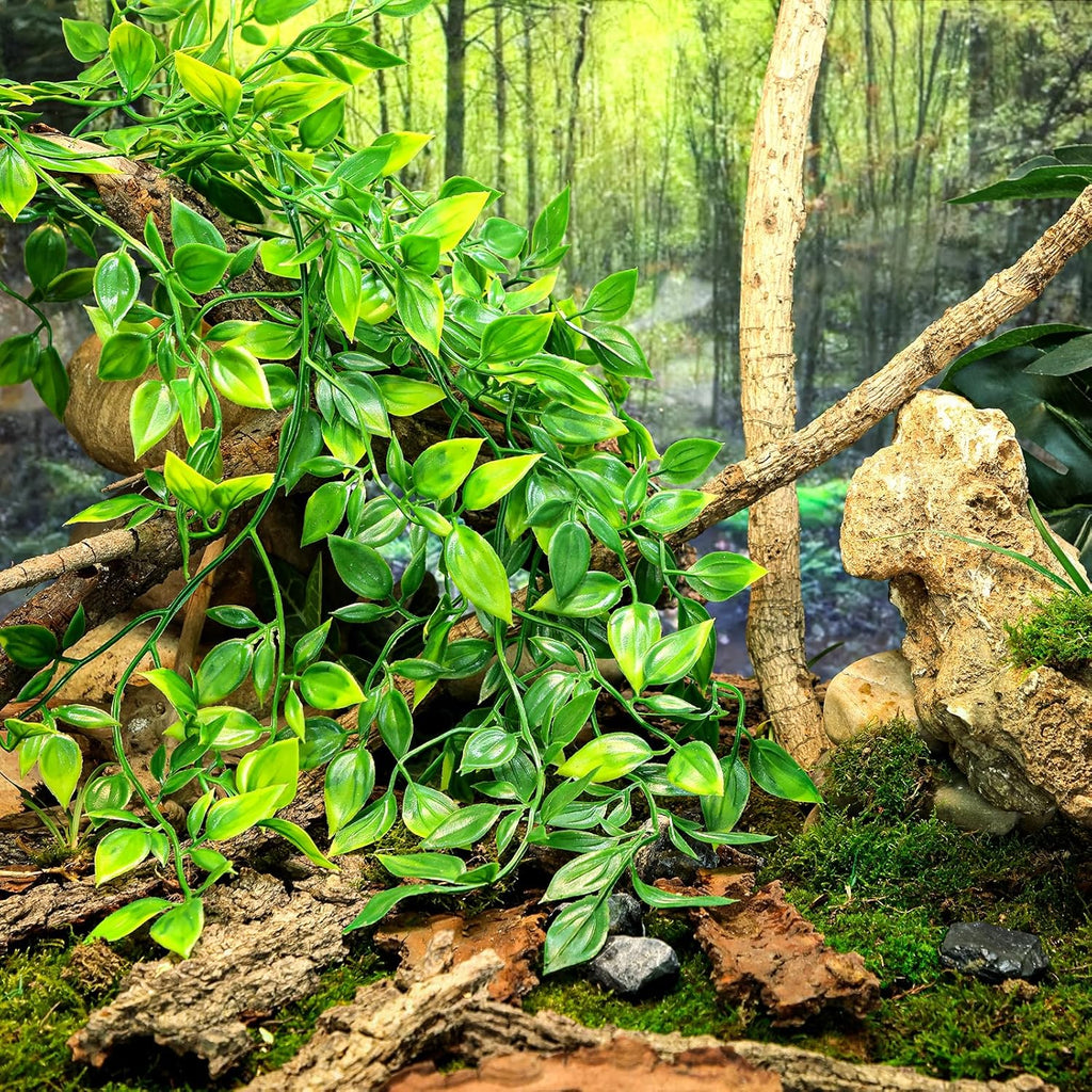 HERCOCCI Reptile Plants, 2 Pack Terrarium Hanging Plants Vines Artificial Leaves Habitat Decorations with Suction Cup for Bearded Dragon Hermit Crab Lizard Snake Geckos Chameleon