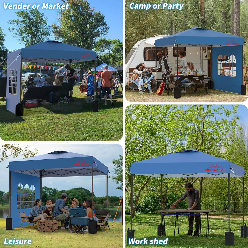10x10 Pop Up Canopy with Sidewalls, Easy Up Canopy Tent, Heavy Duty Tents for Parties, One Person Set Up Event Tent, Light Blue