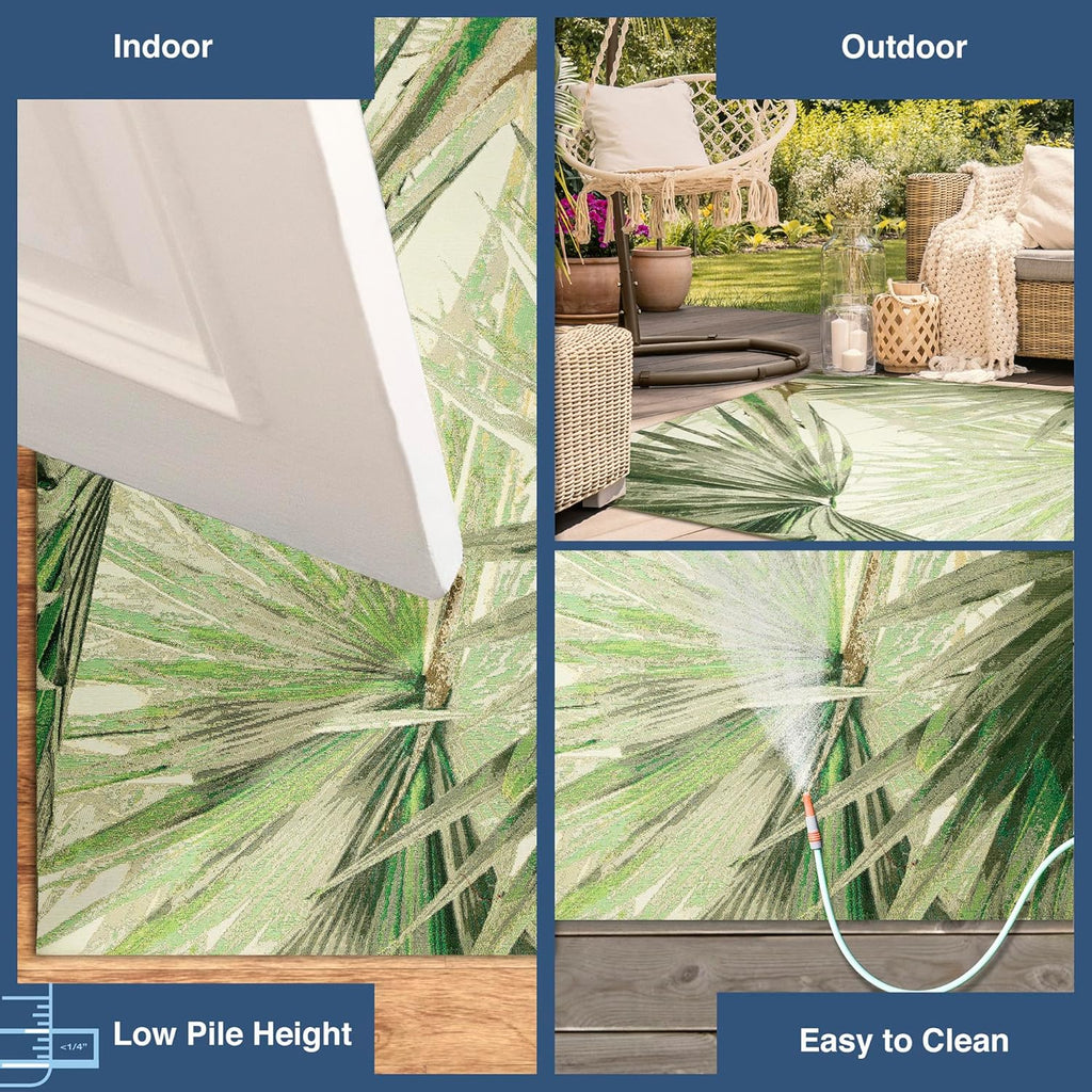 Liora Manne Marina Indoor/Outdoor Power Loomed Synthetic Blend Low Profile Area Rug - Transitional Graphic Botanical Beach Colorful (Palm Fan Green) (7'10" x 9'10")
