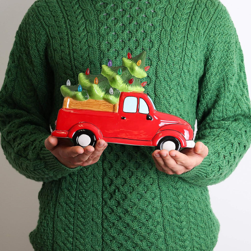 Milltown Merchants Ceramic Christmas Tree in Vintage Truck - Nostalgic Tabletop Decor - (11" Red Truck/Multicolored Lights)