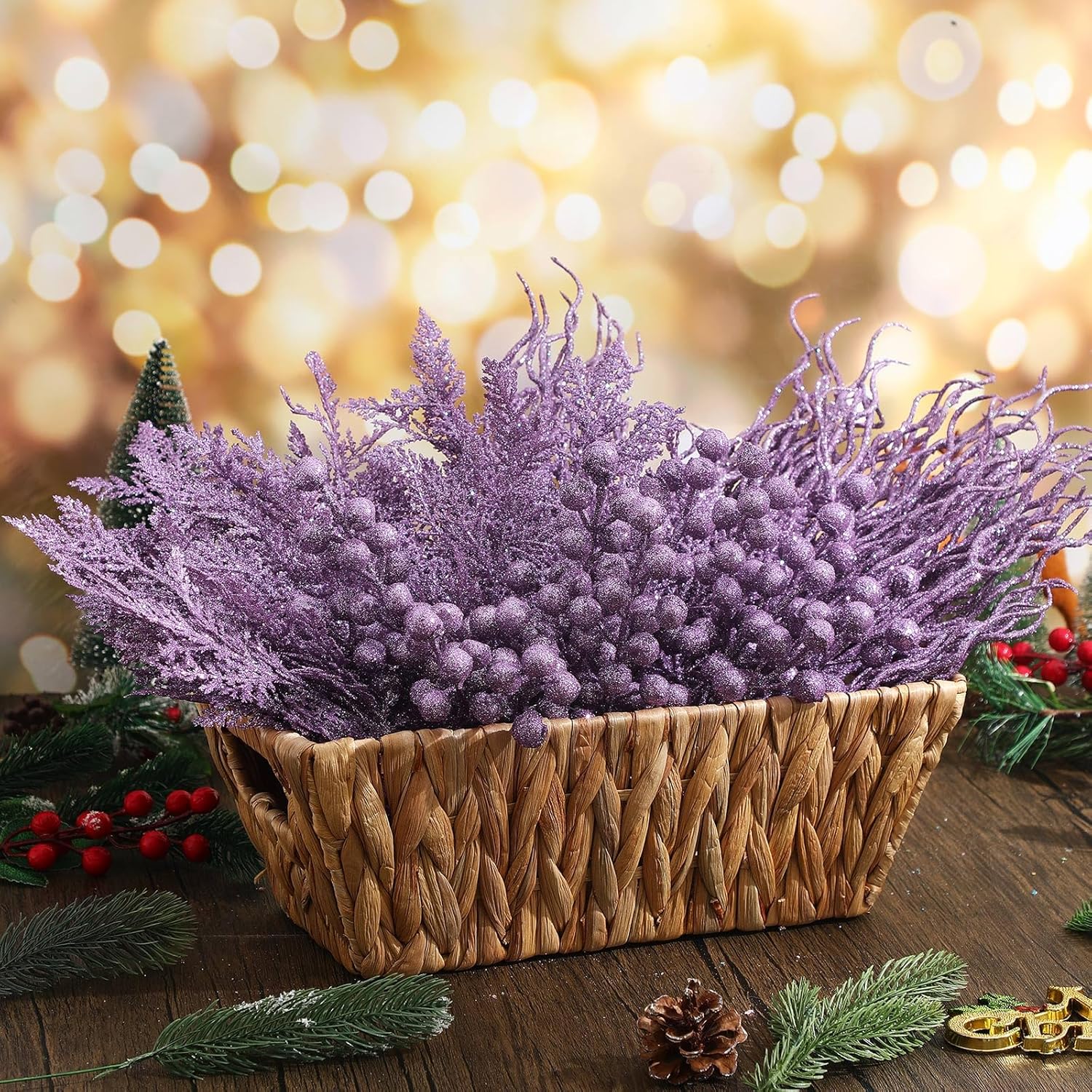 75 Pcs Christmas Glitter Branches 3 Styles Artificial Christmas Picks Berries Stems Pine Needles Floral Twig Spray for Xmas Tree Ornaments DIY Wreath Garland(Light Purple)