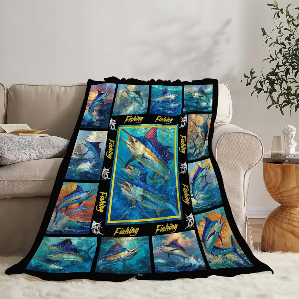 Fish Throw Blanket Fishing Marlin Stuff Gifts for Kids Girls Boys Adults Women Men Soft Cozy Warm Plush Fluffy Fuzzy Fleece Blanket Decor 60''X80''
