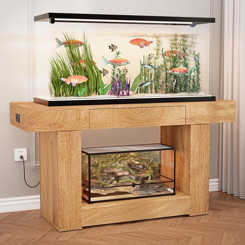 55–75 Gallon Aquarium Stand, Double Fish Tank Table with Power Outlets&USB Heavy Duty MDF Board&Metal Frame Holds 2 Tanks for Fish,Turtle, Reptile,Amphibian Terrariums, Farmhouse Style(Natural)