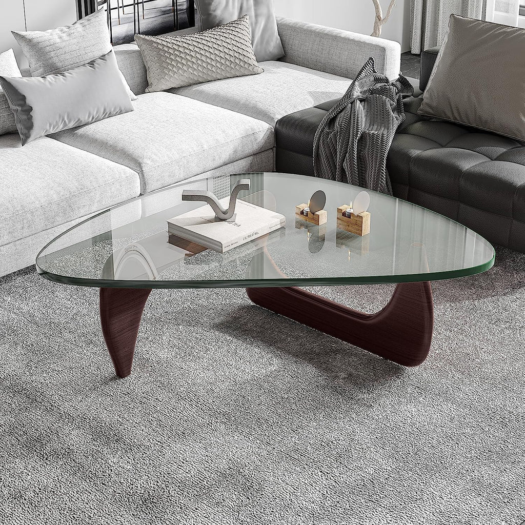Triangle Modern Noguchi Coffee Table, Vintage Glass, Wood End Table with Solid Wood Base and Clear Glass Top, for Living Room and Patio