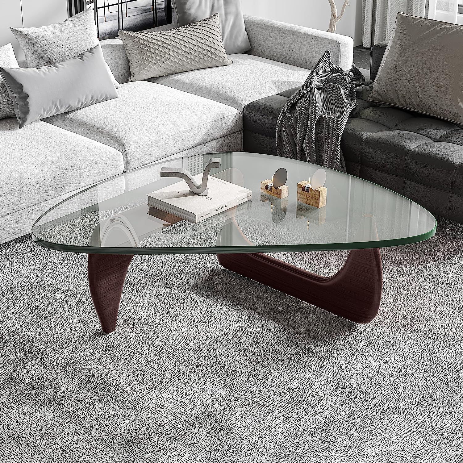 Triangle Modern Noguchi Coffee Table, Vintage Glass, Wood End Table with Solid Wood Base and Clear Glass Top, for Living Room and Patio