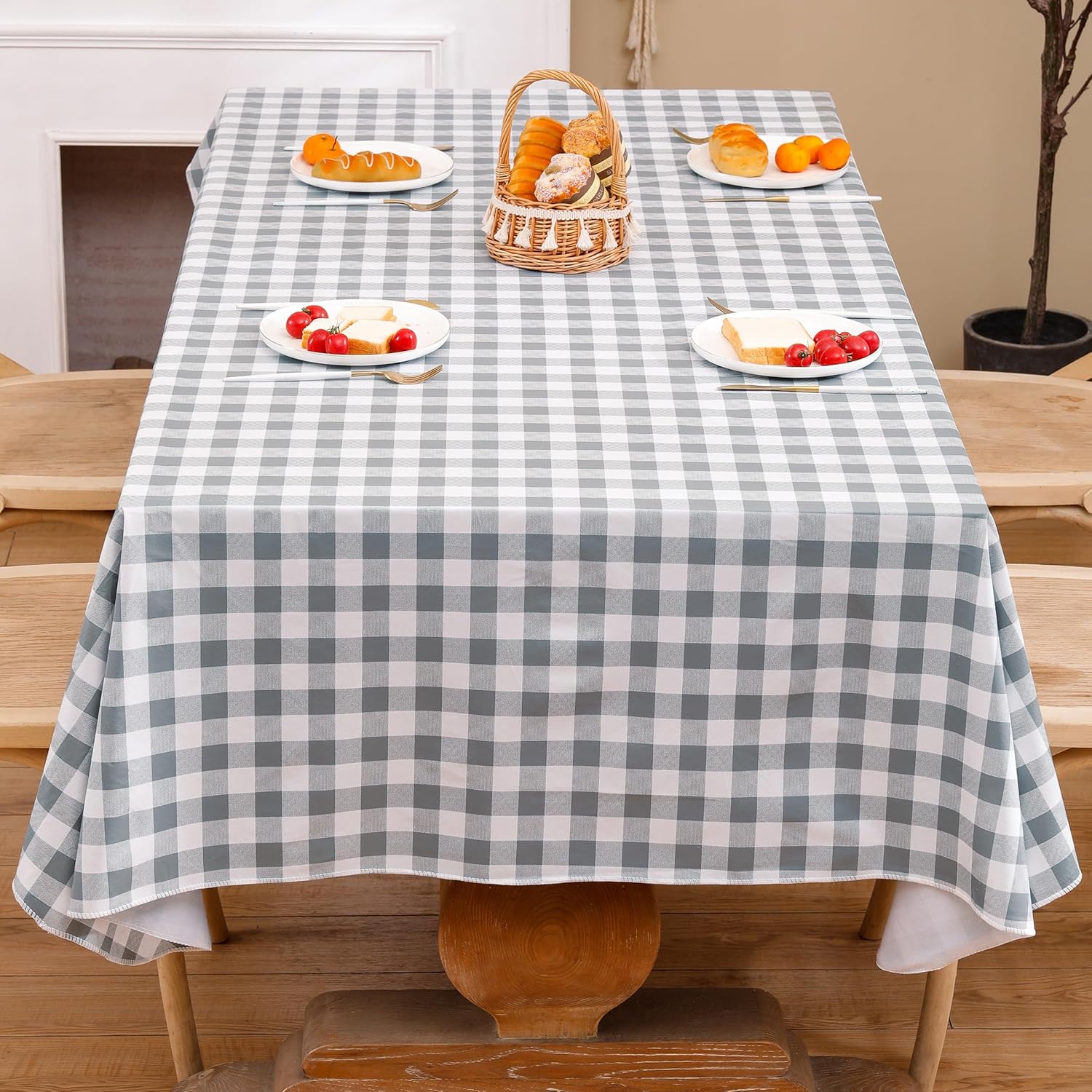 Heavy Duty Vinyl Tablecloth with Flannel Backing Waterproof Oil-Proof Plastic Table Cloth Stain-Resistant Wipeable Rectangle or Square Table Cover for Indoor and Outdoor (Grey Checkered, 60x84 Inch)