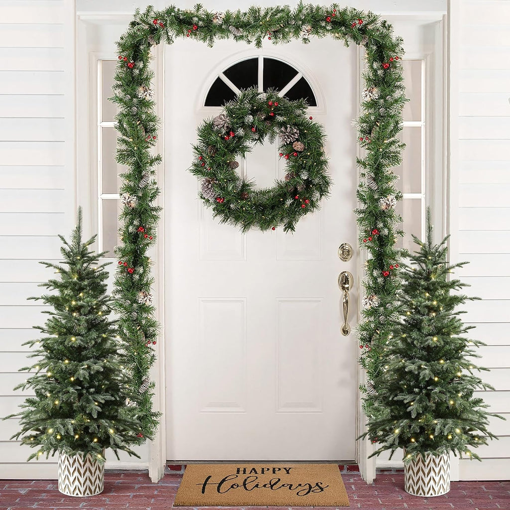 LuxenHome 4.5FT Small Christmas Tree, Prelit Slim Potted Christmas Trees with 100 Warm White LED Lights, Lighted Slender Fir Tree with Planter Pot, Small Faux Holiday Tree for Home Display