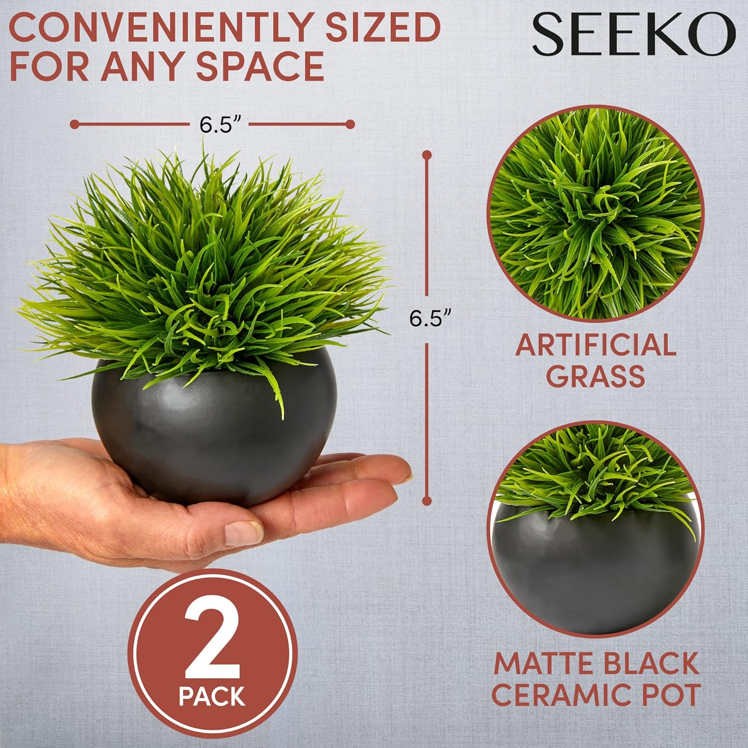 SEEKO Succulents Small Fake Plants (Grass, 2 Pack) - Realistic Artificial Plants Indoor for Shelf, Bathroom, Desk, Office and Bathroom Decor