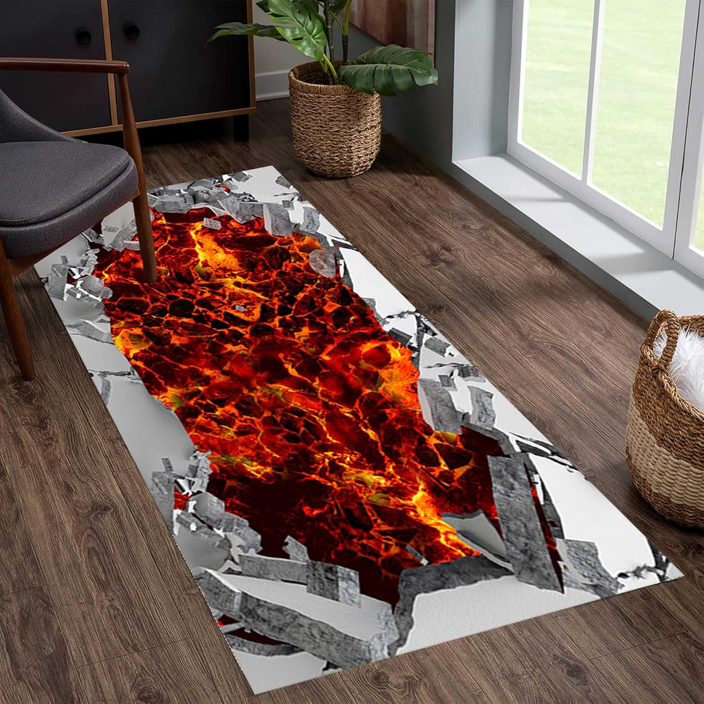 Volcano Landscape Hallway Rug, 3.3x10ft, 3D Optical Illusion Abstract Lava Long Retro Rock Cracks Print Runner Rug, Foldable Non-Shedding Carpets Rug for Entryway Indoor Bedroom