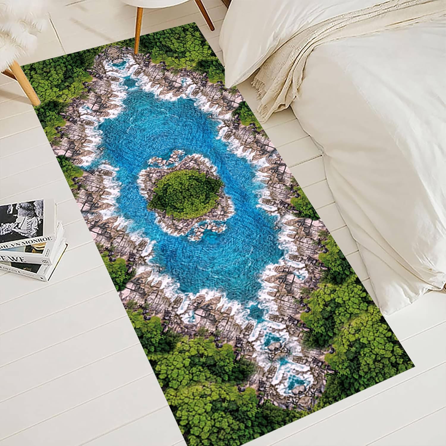 3D Landscape Rug, 2.6x7ft, 3D Lake Cliff Rock Islands Forest Natural Landscape Optical Illusion Runner Rug, Non-Shedding Foldable Decorate Carpets for Dining Dorm Living Room