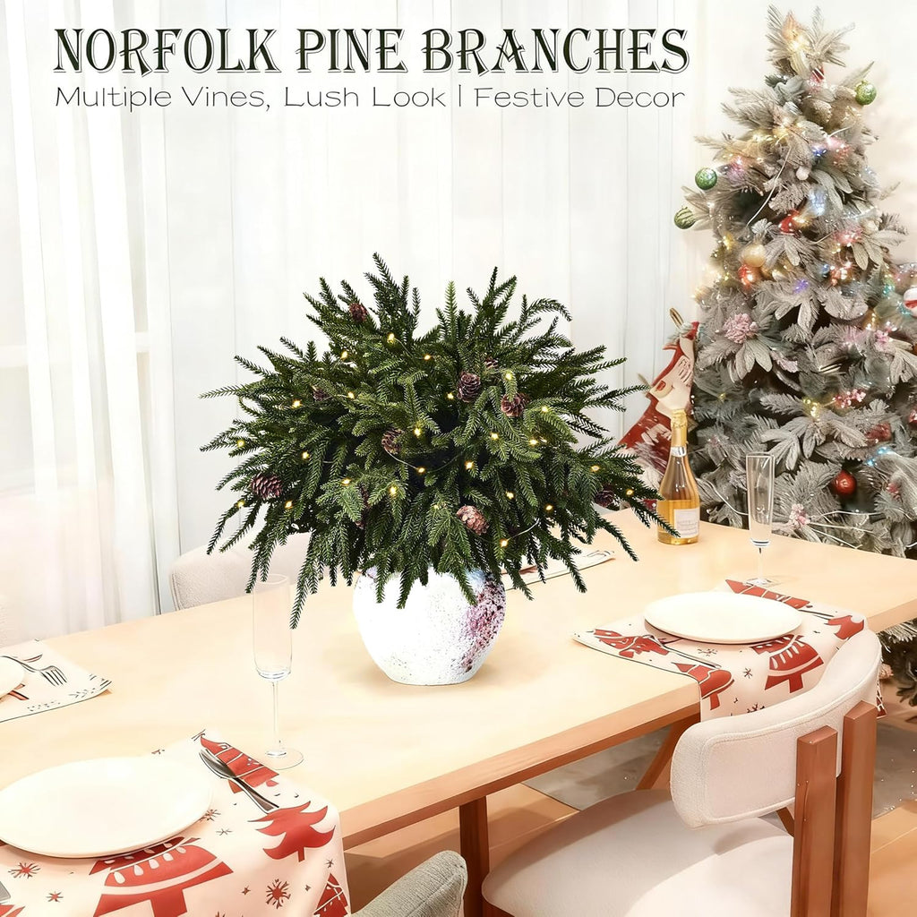 12PCS Christmas Norfolk Pine Branches with Warm Lights ，20" Artificial Christmas Branches Pinecones Norfolk Pine Stems for DIY Crafts Garlands Wreaths Holiday Home Centerpiece Xmas Decor