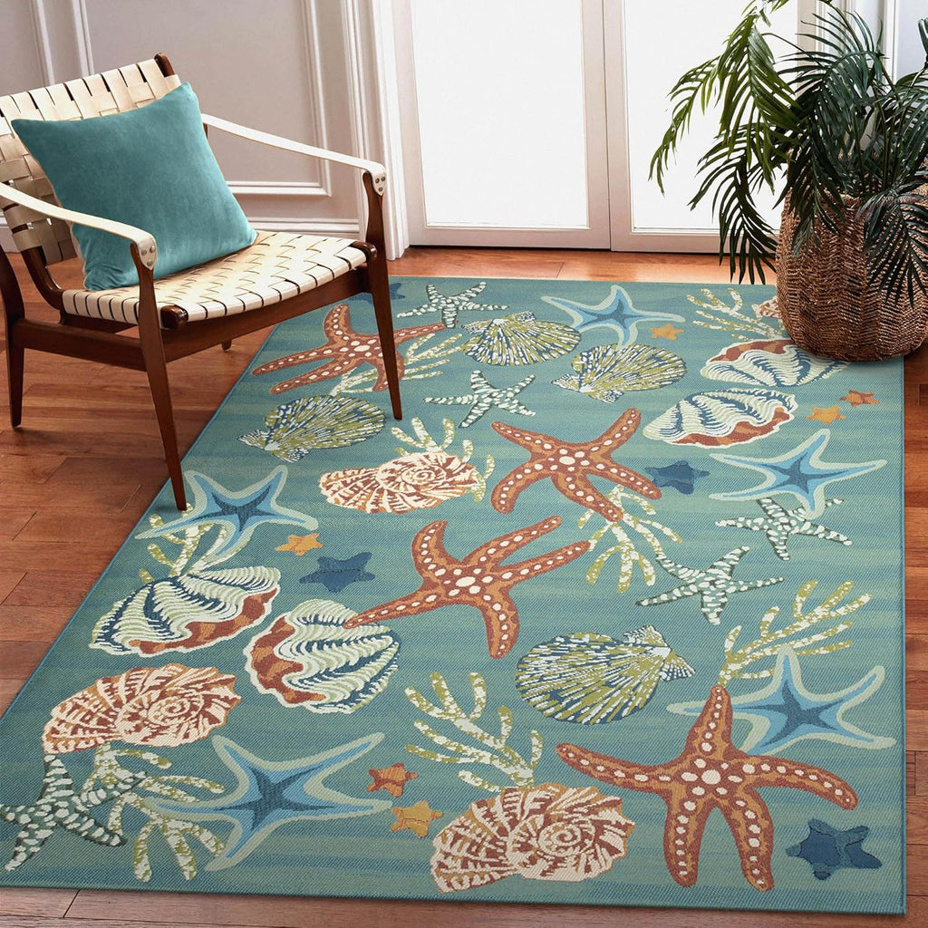 Liora Manne Marina Indoor/Outdoor Power Loomed Synthetic Blend Low Profile Area Rug - Transitional Graphic Coastal Animal Colorful (Starfish Song Aqua) (6'6" x 9'4")