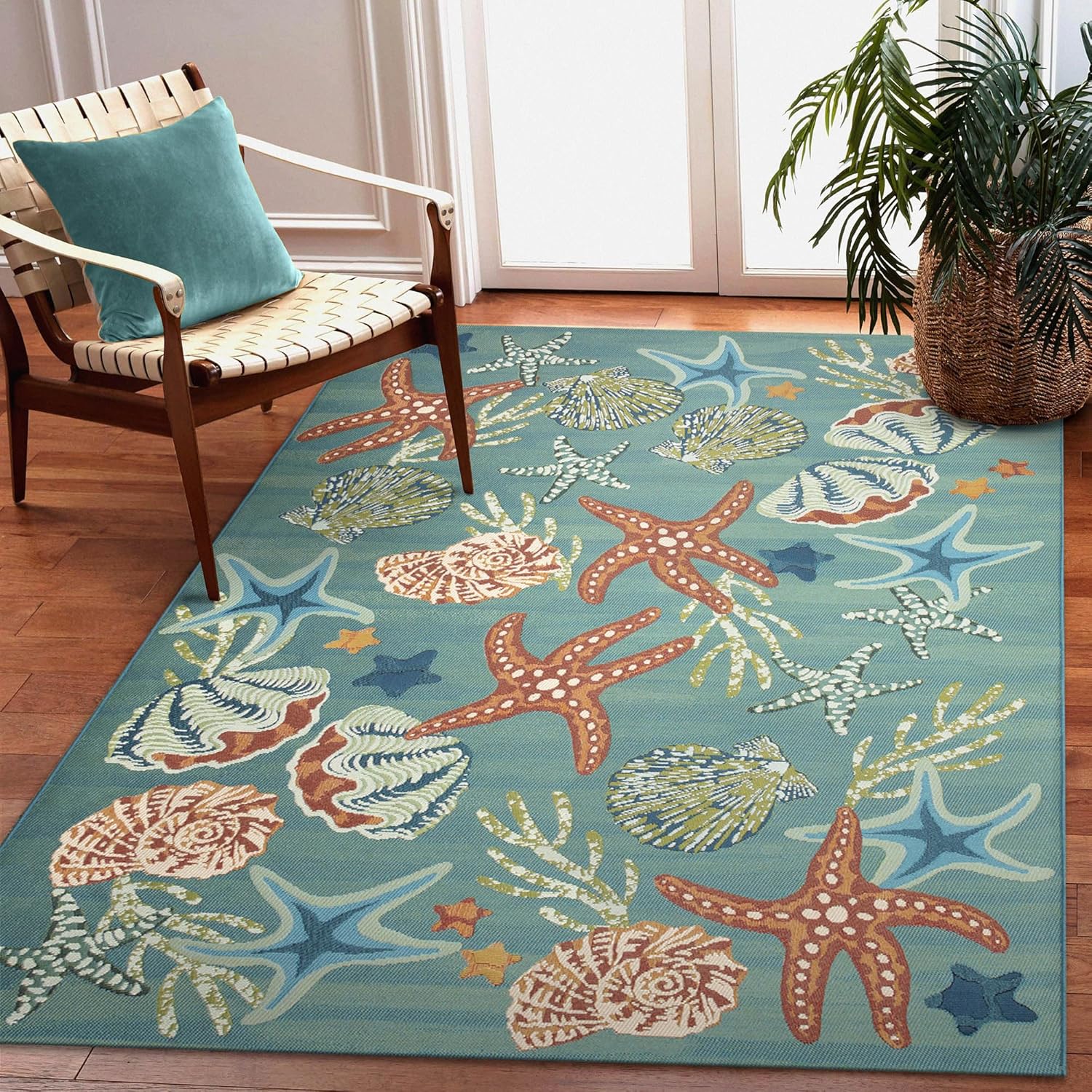 Liora Manne Marina Indoor/Outdoor Power Loomed Synthetic Blend Low Profile Area Rug - Transitional Graphic Coastal Animal Colorful (Starfish Song Aqua) (7'10" x 9'10")
