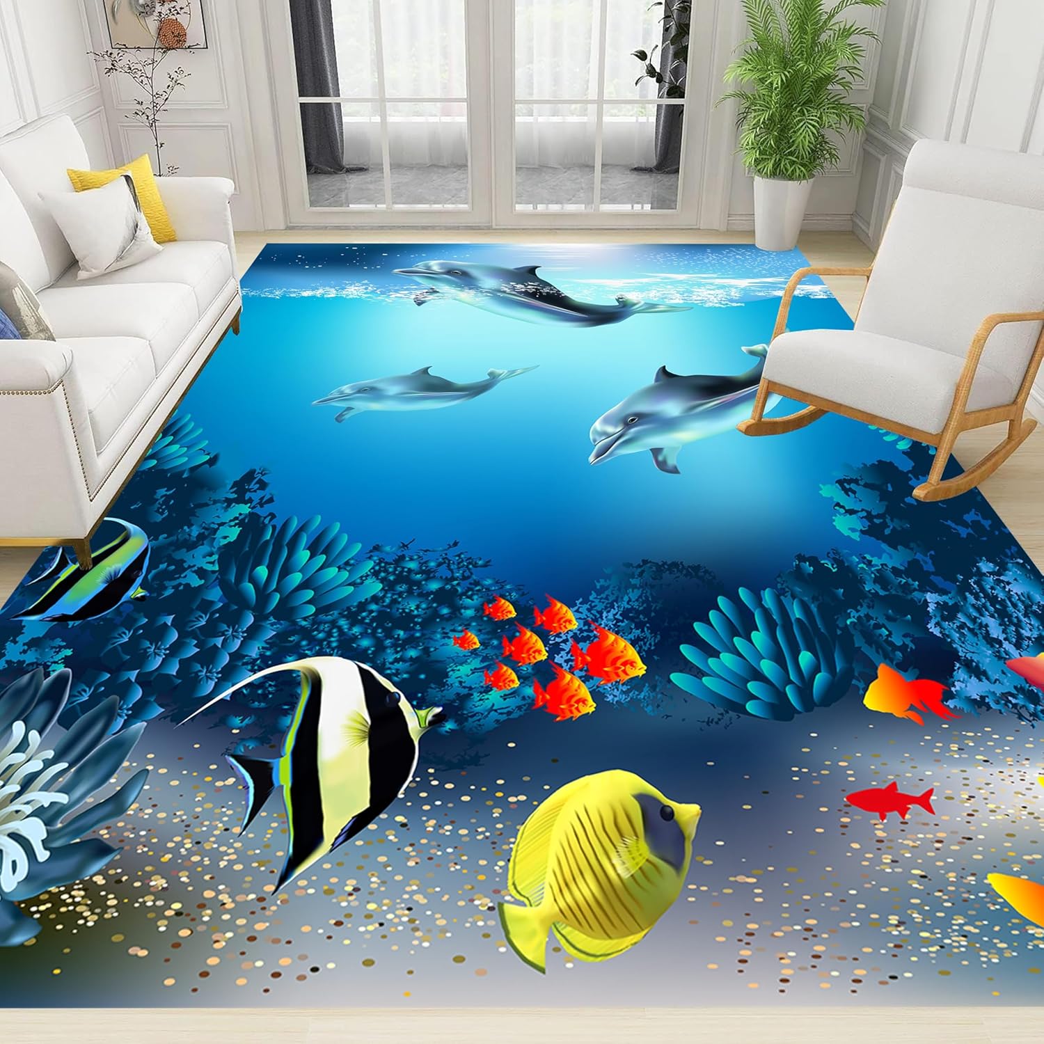 Sea Dolphin Indoor Area Mat, 5x6ft, Ocean Beach Coral Fish Bathroom Rug, Blue Ocean Theme Reduce Noise Home Decor Mat, Nursery Decor Washable Nonskid Carpet for Office Floor Sofa