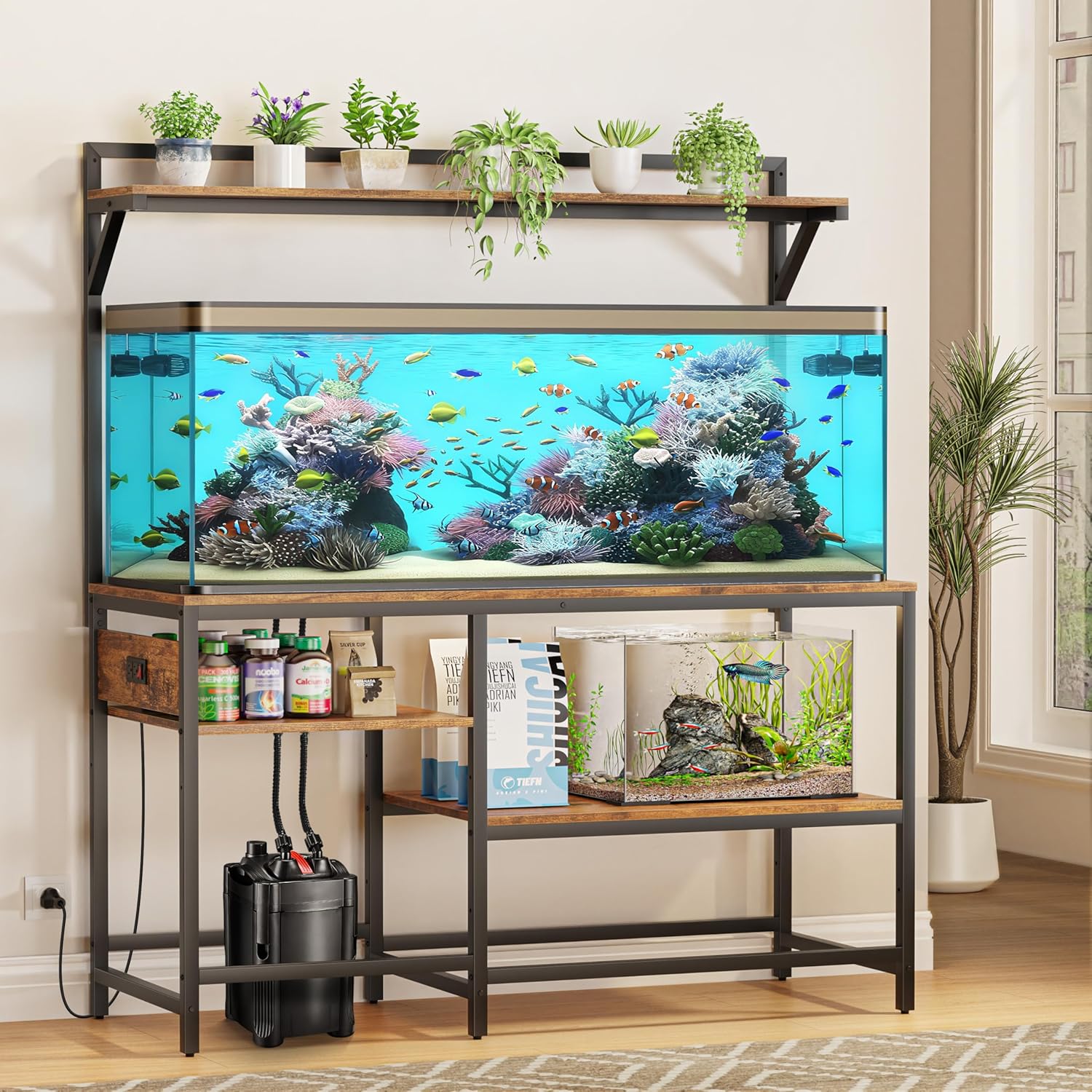 55 Gallon Fish Tank Stand with Power Outlet, Metal Aquarium Stand with Filter Storage, 6-Leg Reptile Tank Stand with 3-Tier Adjustable Storage Shelves and roof Support