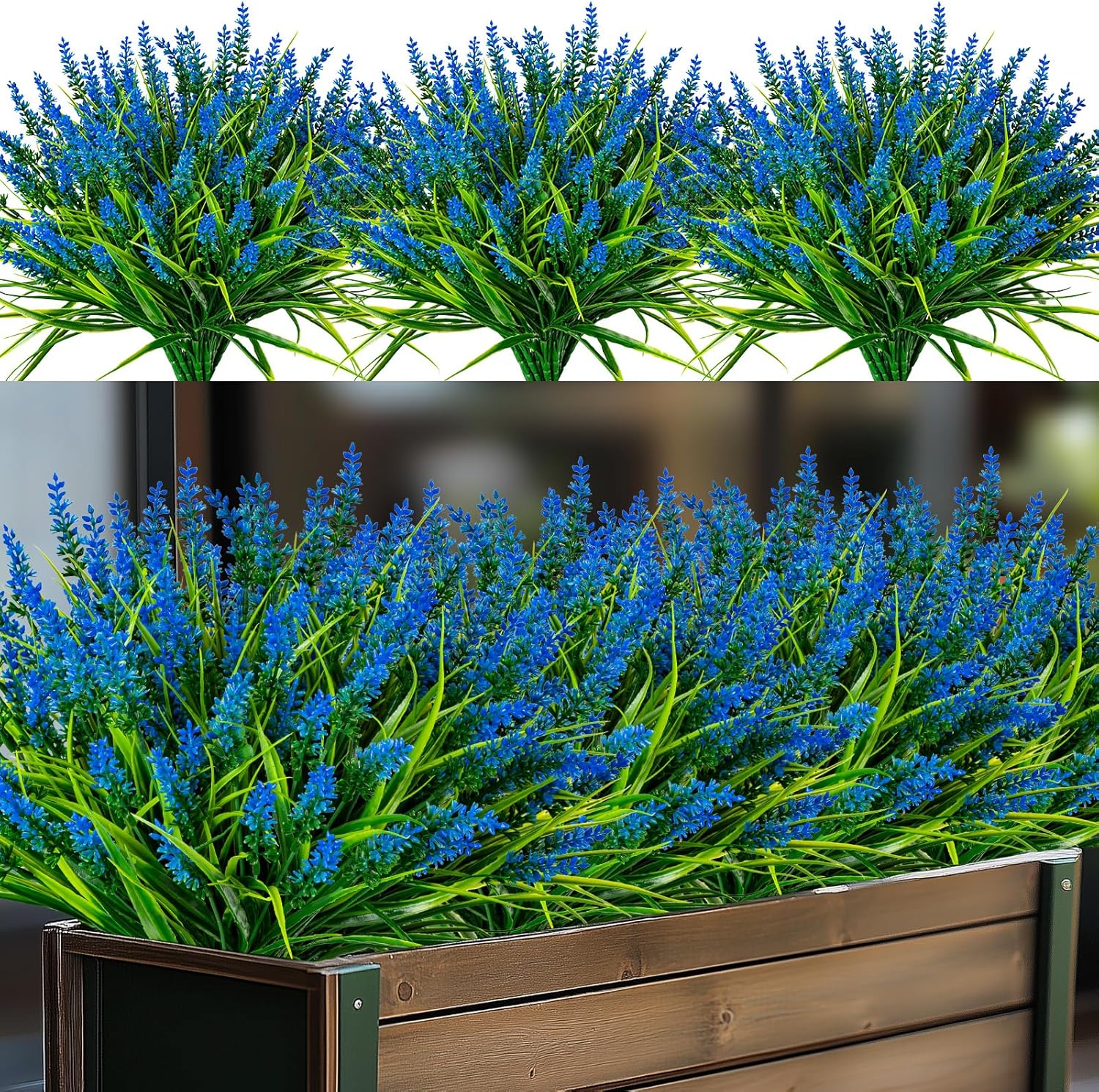 Artificial Flowers for Outdoor Plants 24 Bundles Fake Lavender Plastic Faux Monkey Grass for Verandah Window Garden Office Patio Front Porch UV Resistant for Planter(Blue)